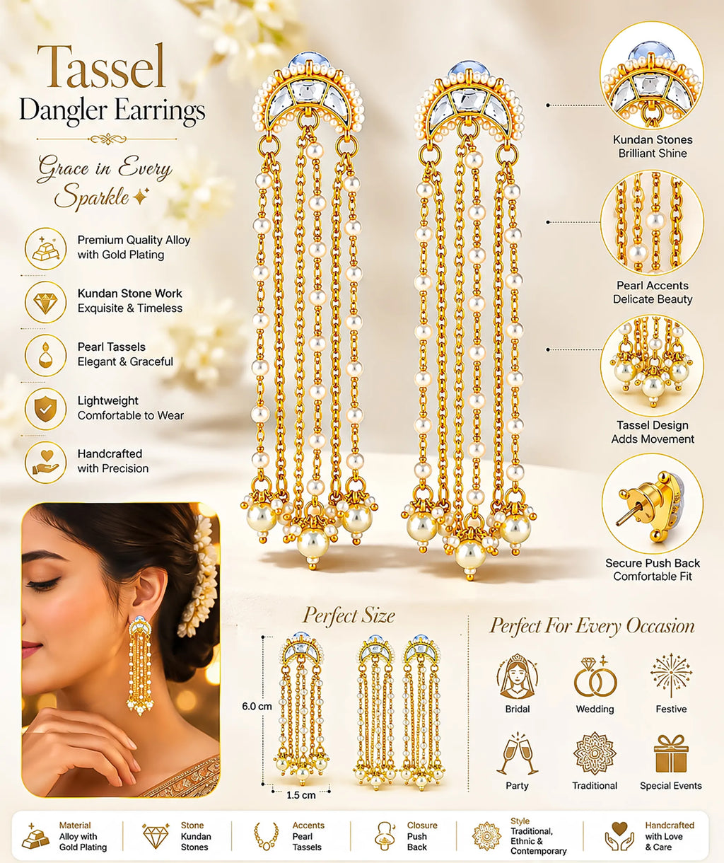 Multi Layer Pearl Chain Chand Earrings, Pachi Kundan Bridal Statement Jewellery