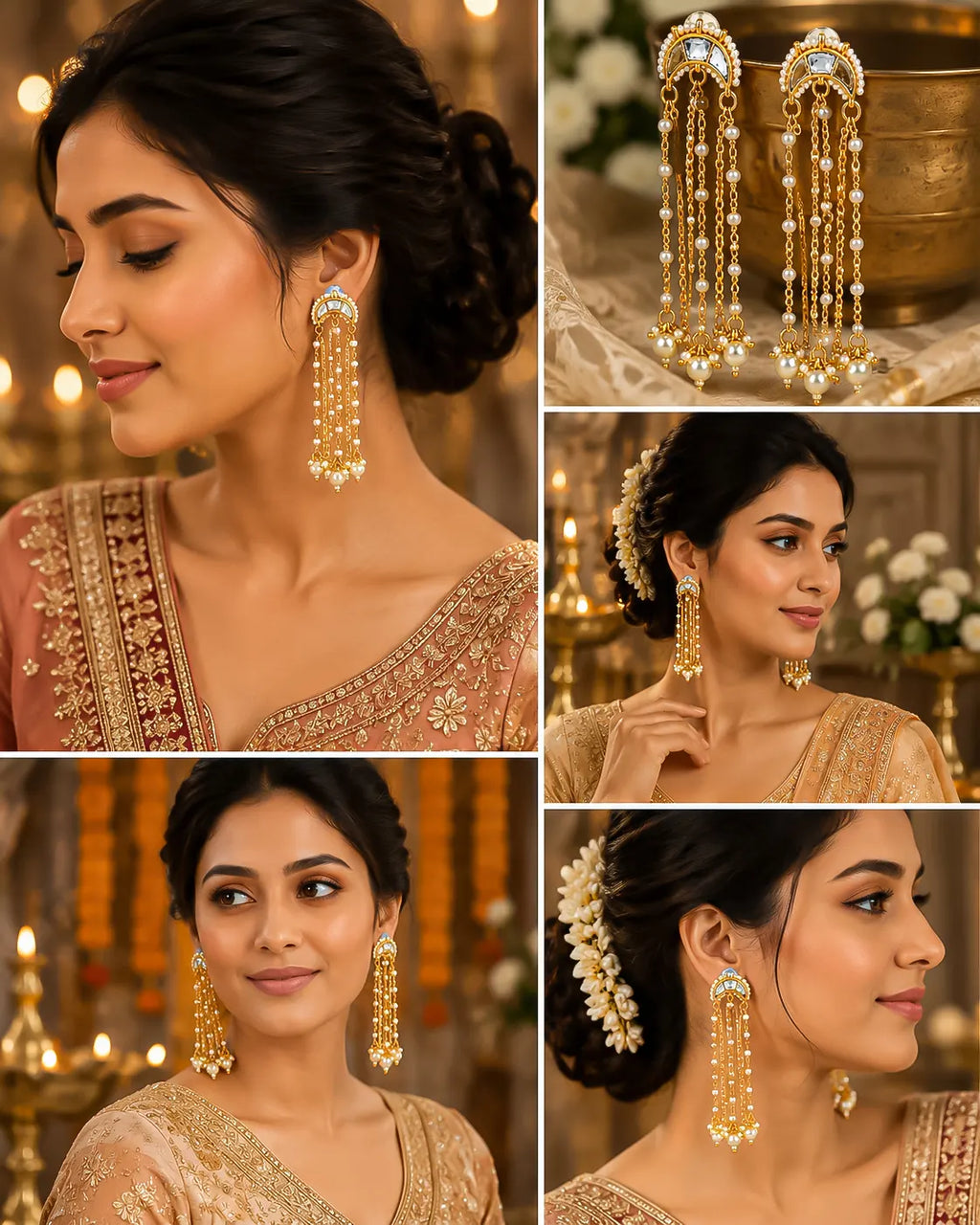 Multi Layer Pearl Chain Chand Earrings, Pachi Kundan Bridal Statement Jewellery