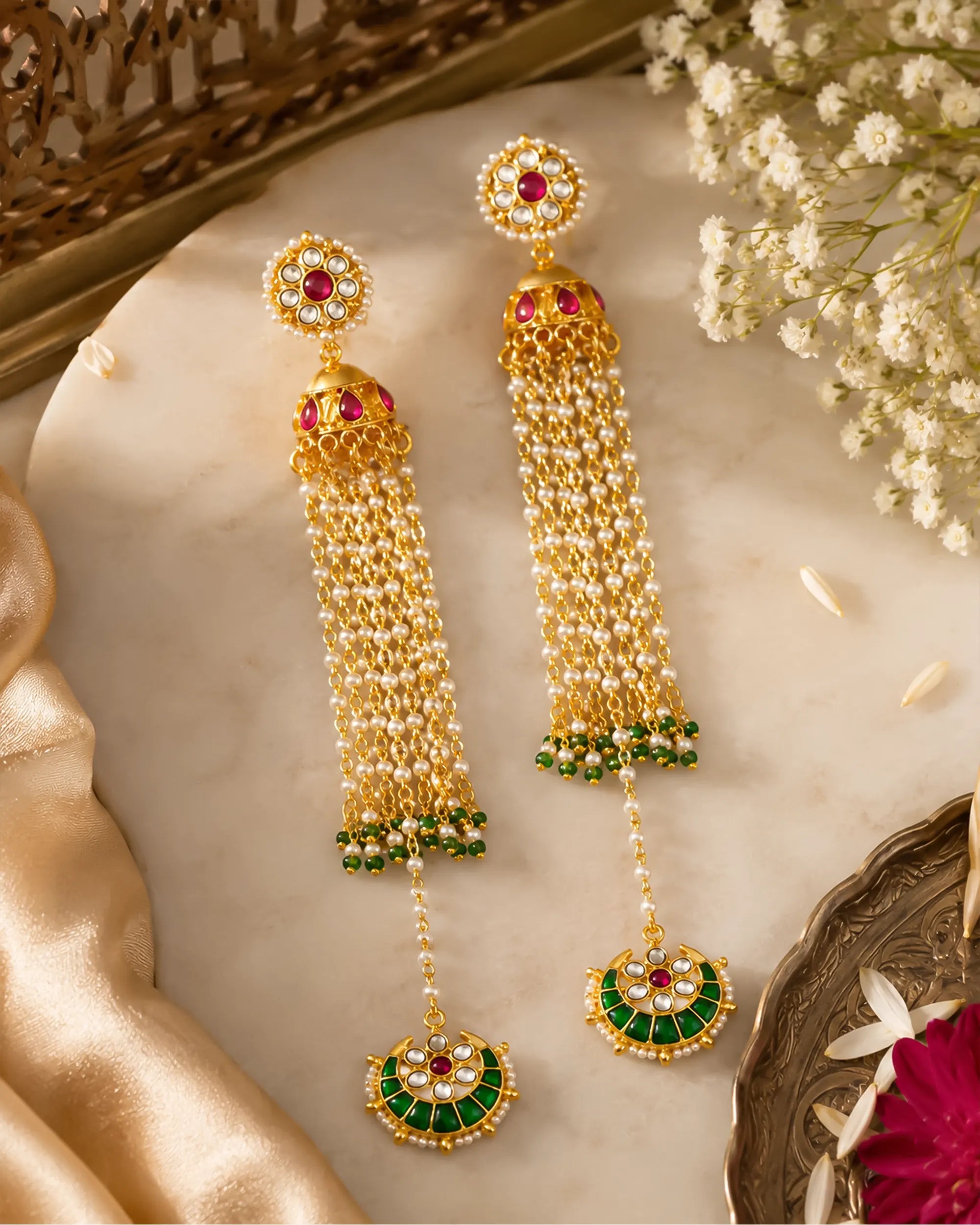 Royal Pearl Jhumka Earrings with Chandbali, Indian Bridal Meenakari Jewelry