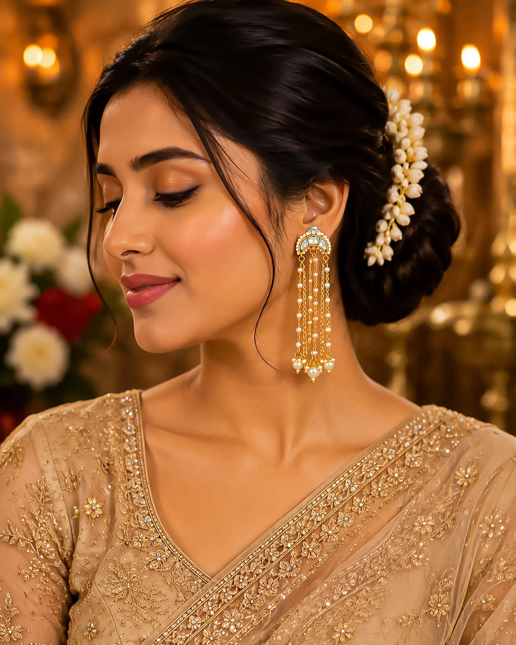 Multi Layer Pearl Chain Chand Earrings, Pachi Kundan Bridal Statement Jewellery