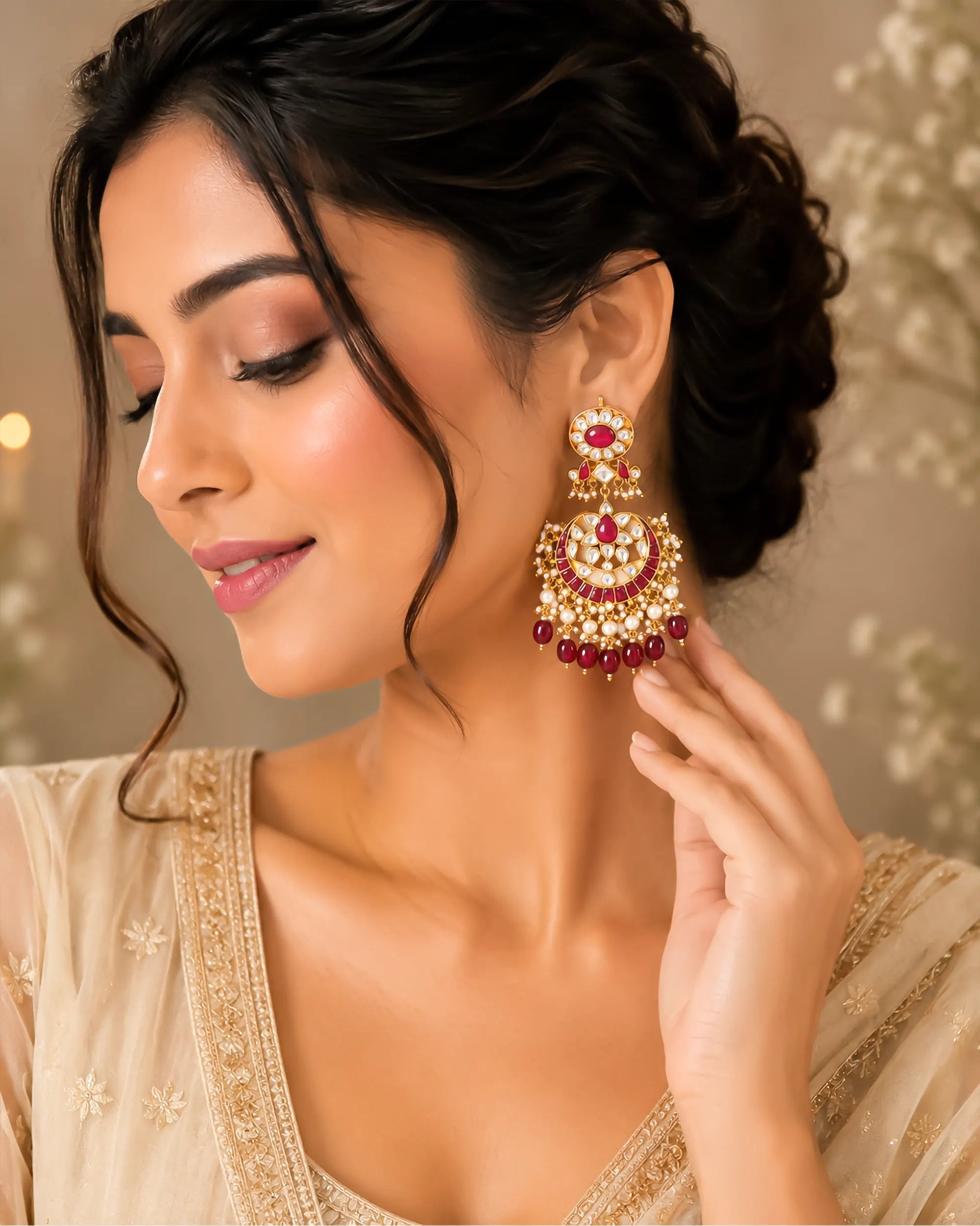 Heritage Pachi Kundan and Ruby Chandbali Earrings with Pearl Droplets