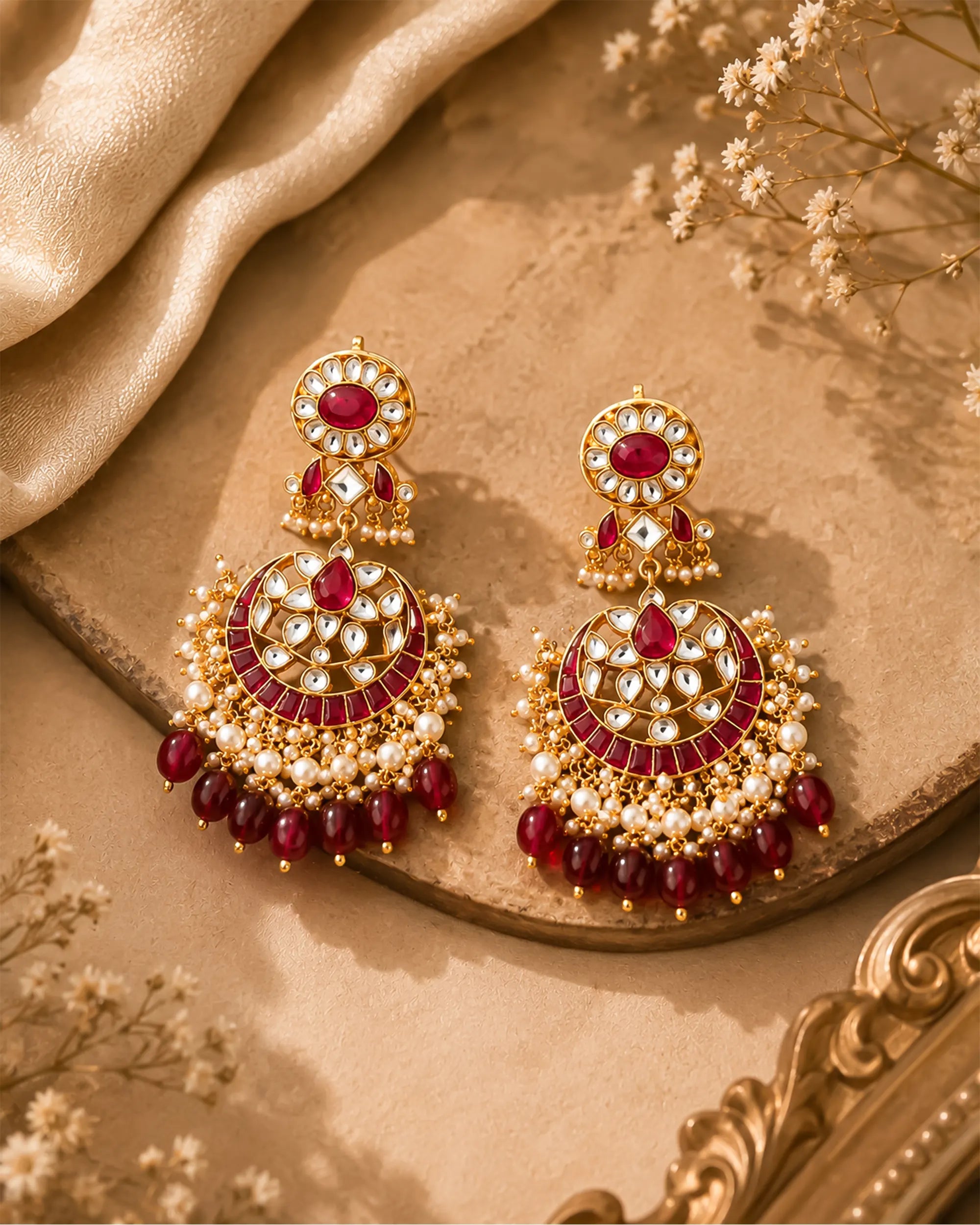 Heritage Pachi Kundan and Ruby Chandbali Earrings with Pearl Droplets