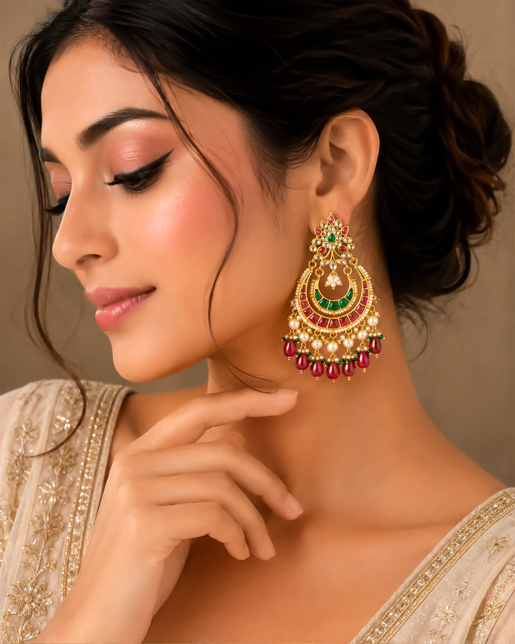 Bridal Chandbali Royal Peacock Chandbali Earrings Pachi Kundan, Ruby Tumbled Beads