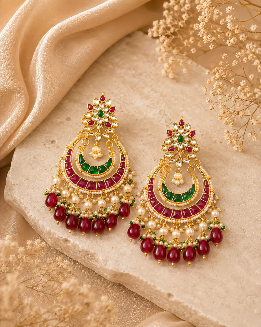 Bridal Chandbali Royal Peacock Chandbali Earrings Pachi Kundan, Ruby Tumbled Beads