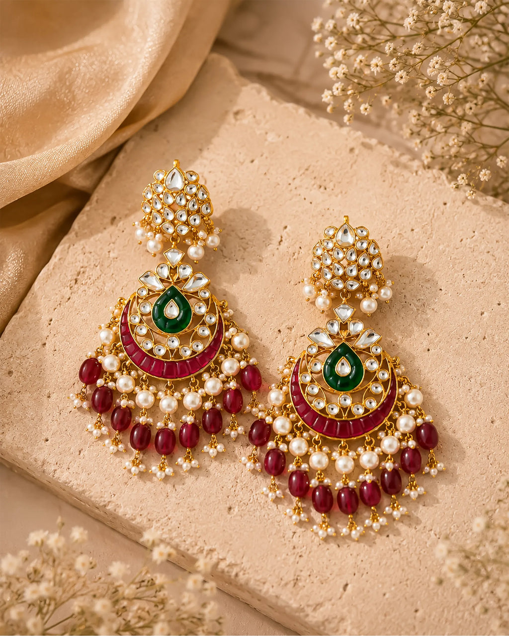 Heritage Pachi Kundan Chandbali Earrings, Emerald Teardrop Ruby Accent Bridal Jewelry