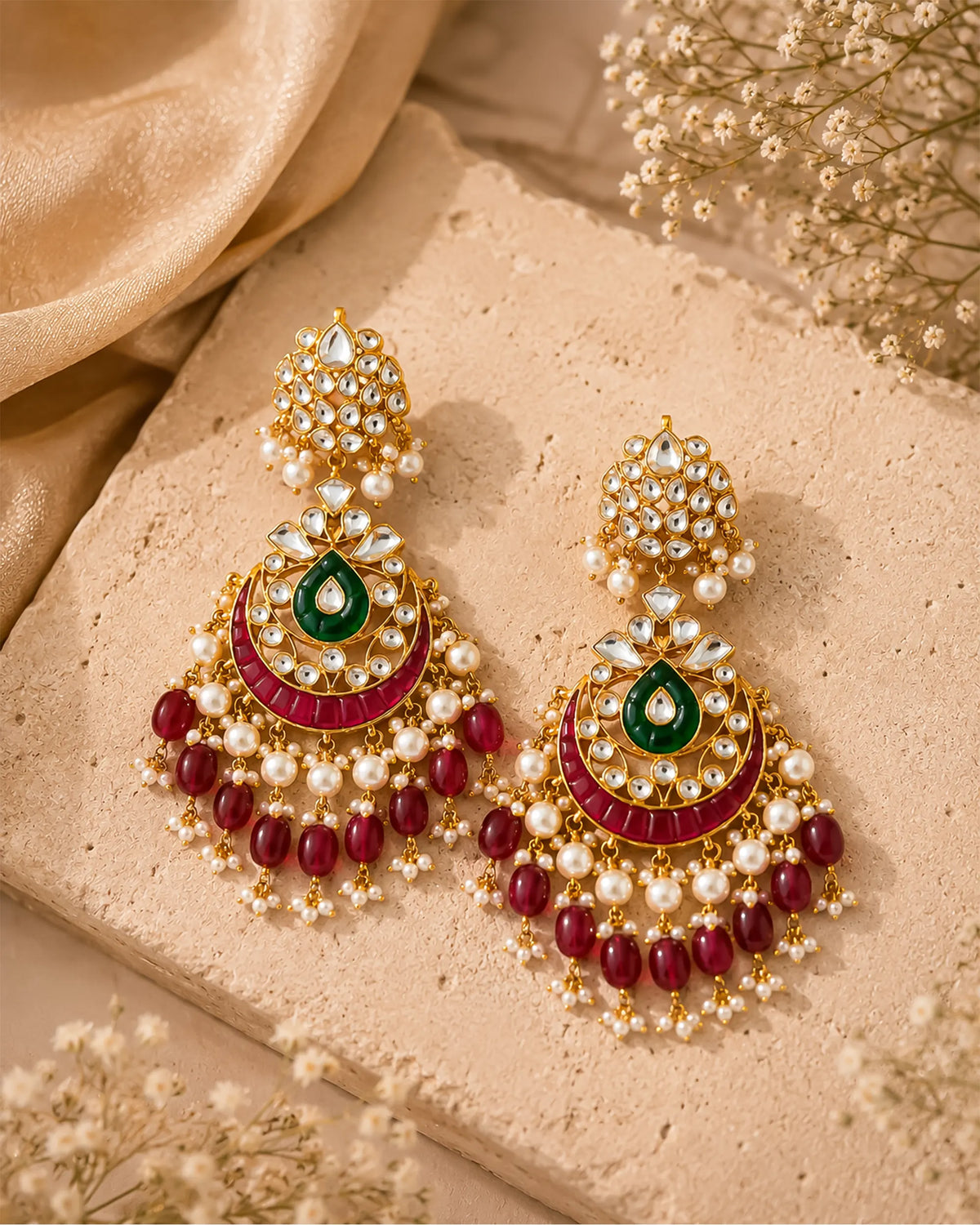 Heritage Pachi Kundan Chandbali Earrings, Emerald Teardrop Ruby Accent Bridal Jewelry