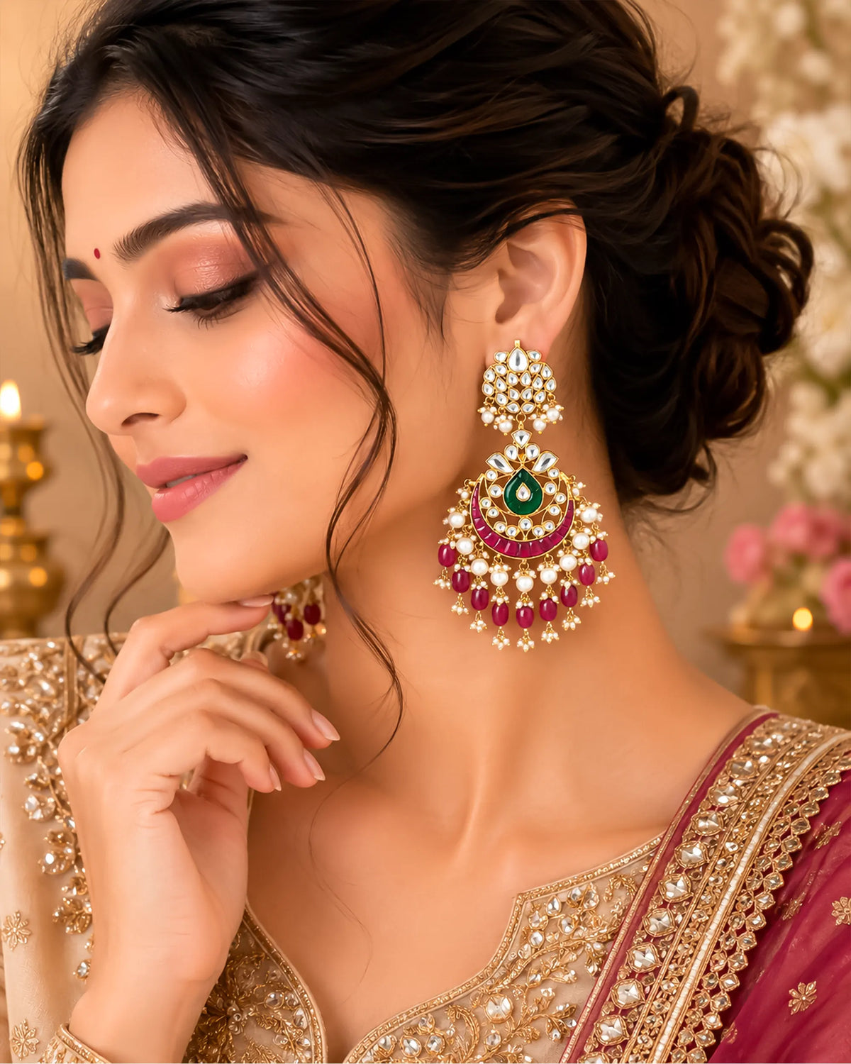 Heritage Pachi Kundan Chandbali Earrings, Emerald Teardrop Ruby Accent Bridal Jewelry