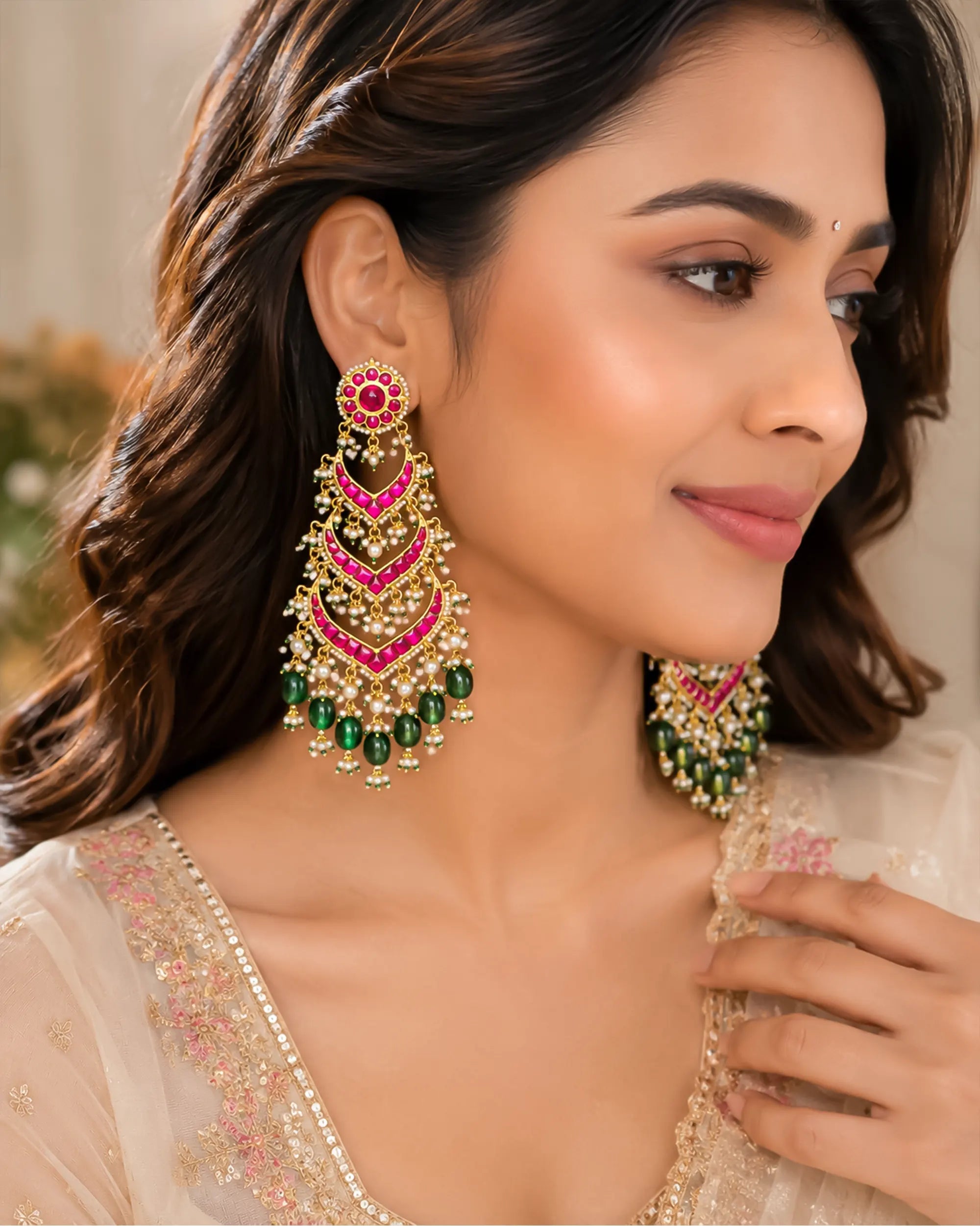 Multi Tier Ruby Pink Emerald Green Statement Chandbali Jhumka Earrings