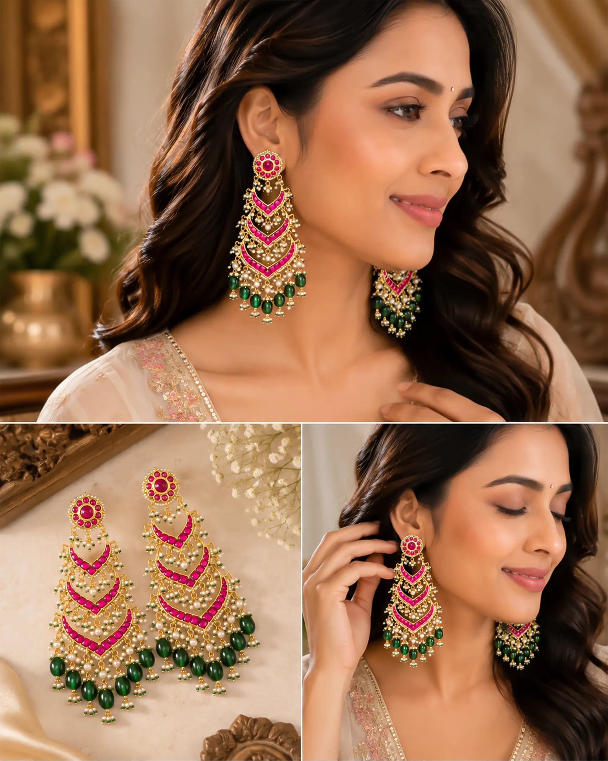 Multi Tier Ruby Pink Emerald Green Statement Chandbali Jhumka Earrings