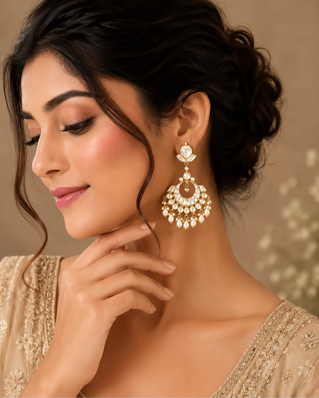 Heritage Pachi Kundan Chandbali Earrings, Pearl Drop Bridal Jewelry