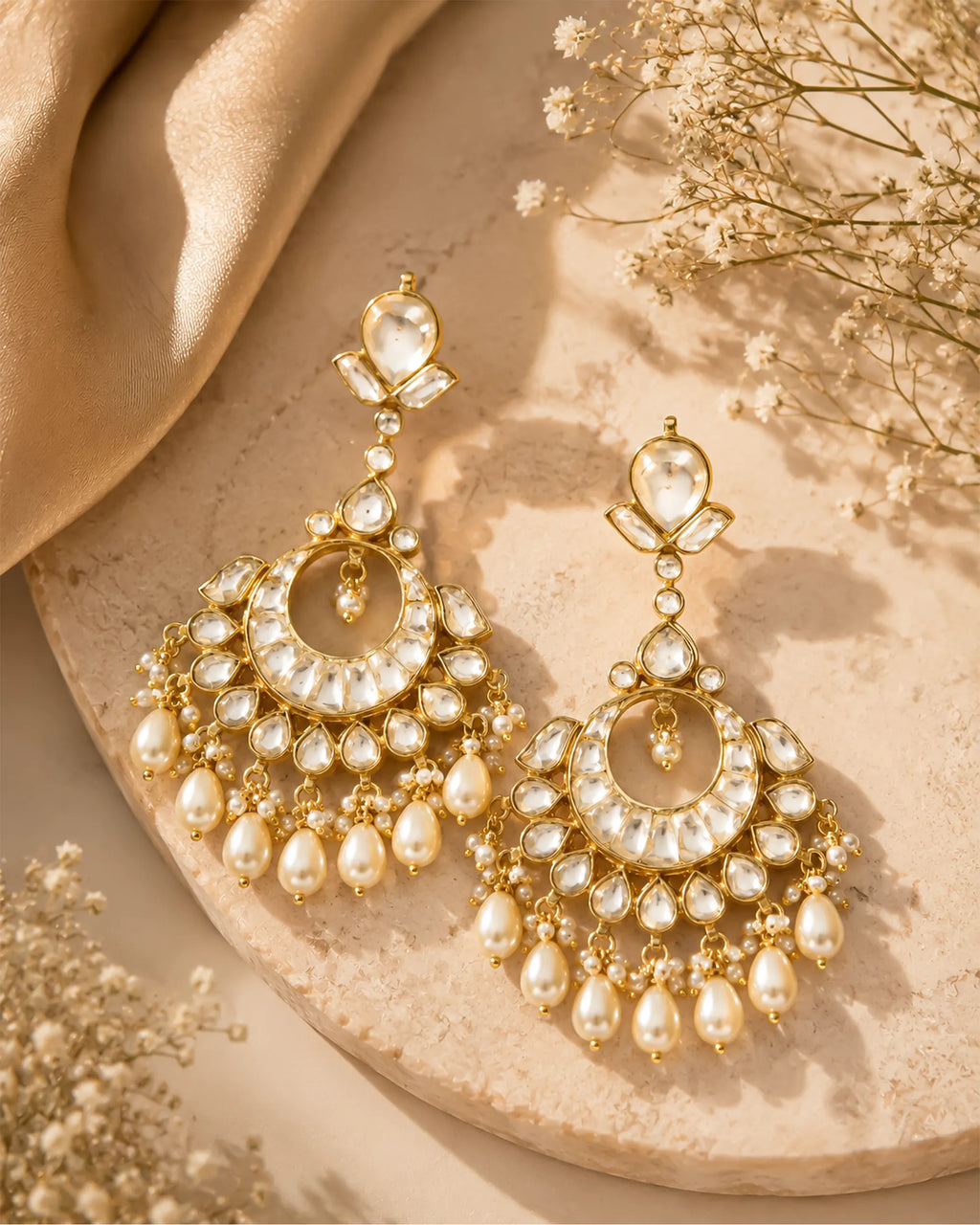 Heritage Pachi Kundan Chandbali Earrings, Pearl Drop Bridal Jewelry