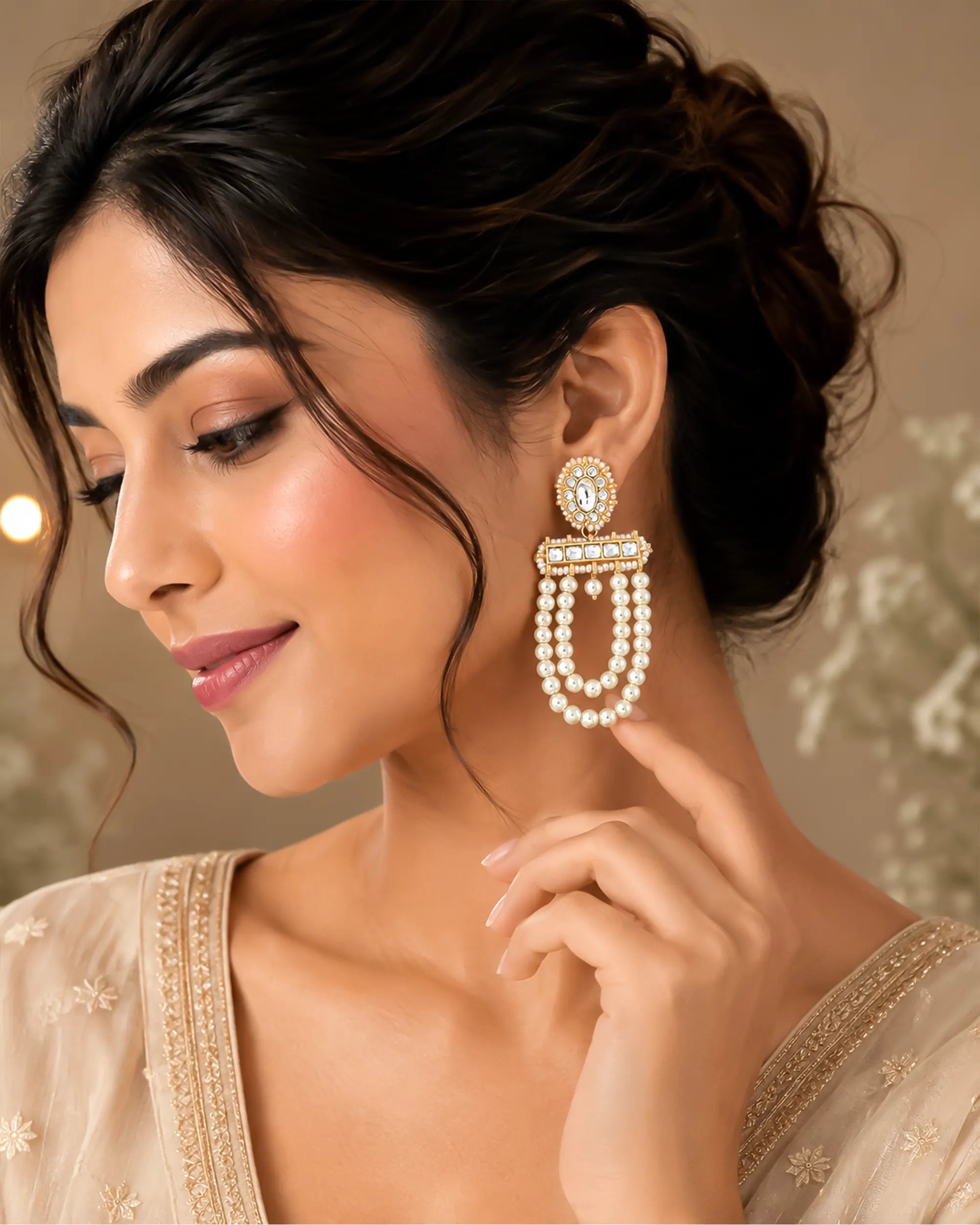 Elegant Pearl Drape Earrings, Kundan Gold-Plated Jewelry, Sophisticated Festive Accessory