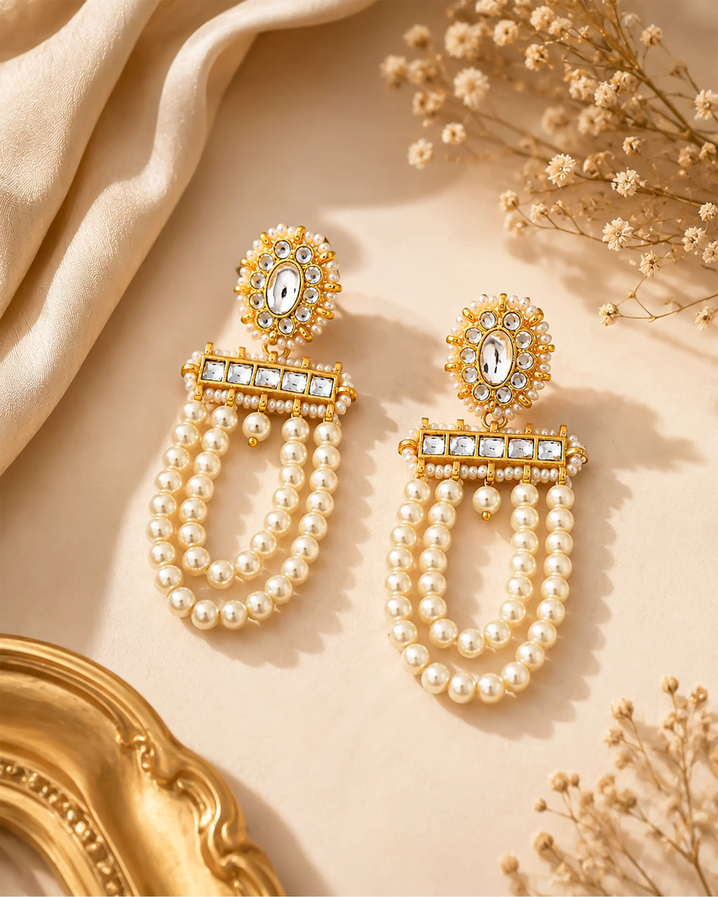 Elegant Pearl Drape Earrings, Kundan Gold-Plated Jewelry, Sophisticated Festive Accessory