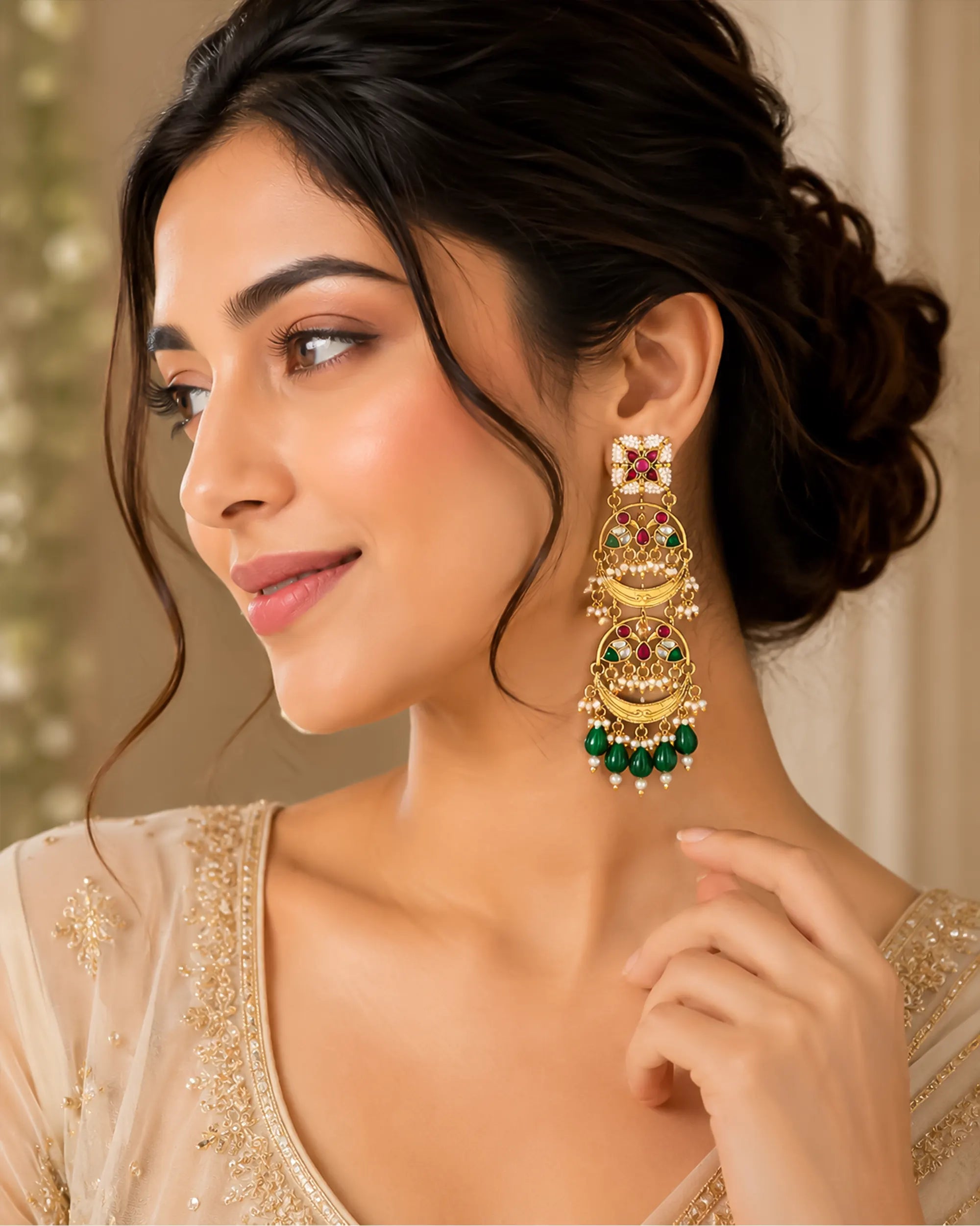 Tiered Kundan Chandbali Earrings, Emerald Drops Indian Statement Jewelry