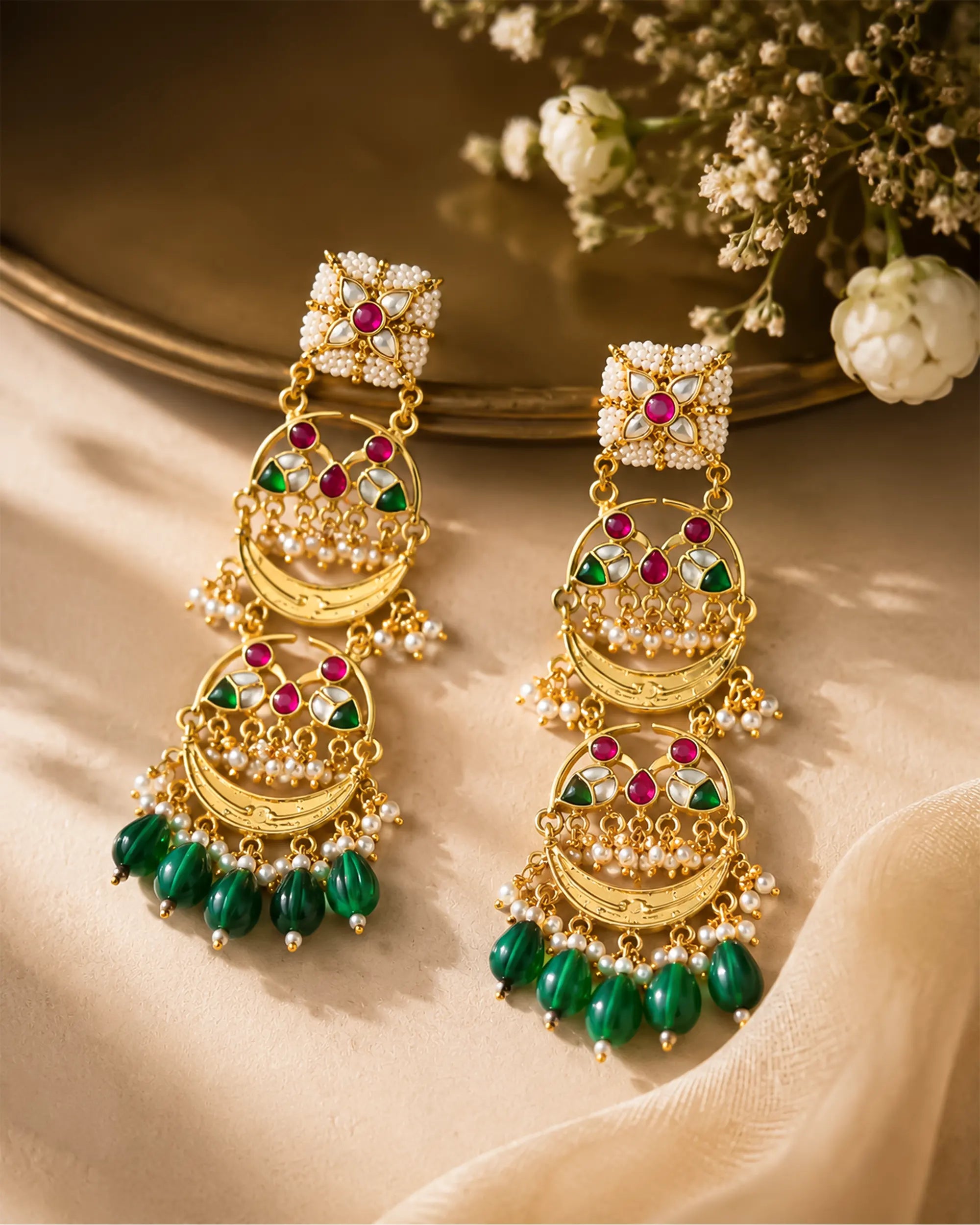 Tiered Kundan Chandbali Earrings, Emerald Drops Indian Statement Jewelry