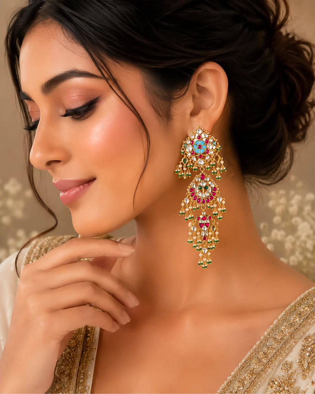 Pendientes de araña Kundan, declaración nupcial india tradicional, gotas de perlas y cuentas verdes