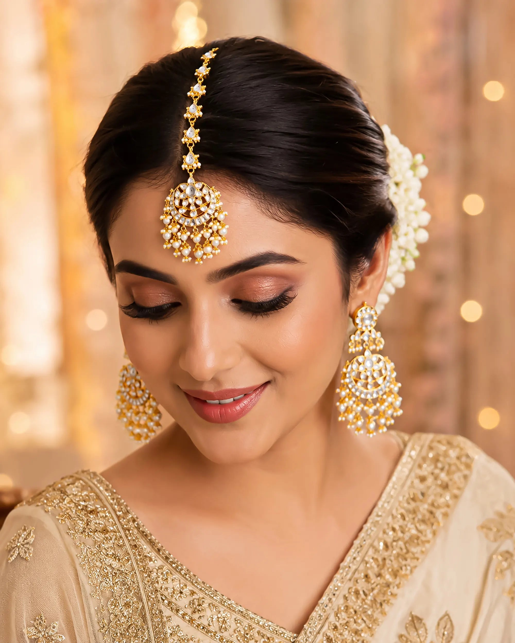 Pearl Kundan Maang Tikka Earrings Set, Traditional Indian Bridal Wedding Jewelry