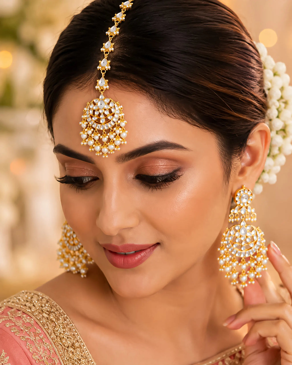 Pearl Kundan Maang Tikka Earrings Set, Traditional Indian Bridal Wedding Jewelry