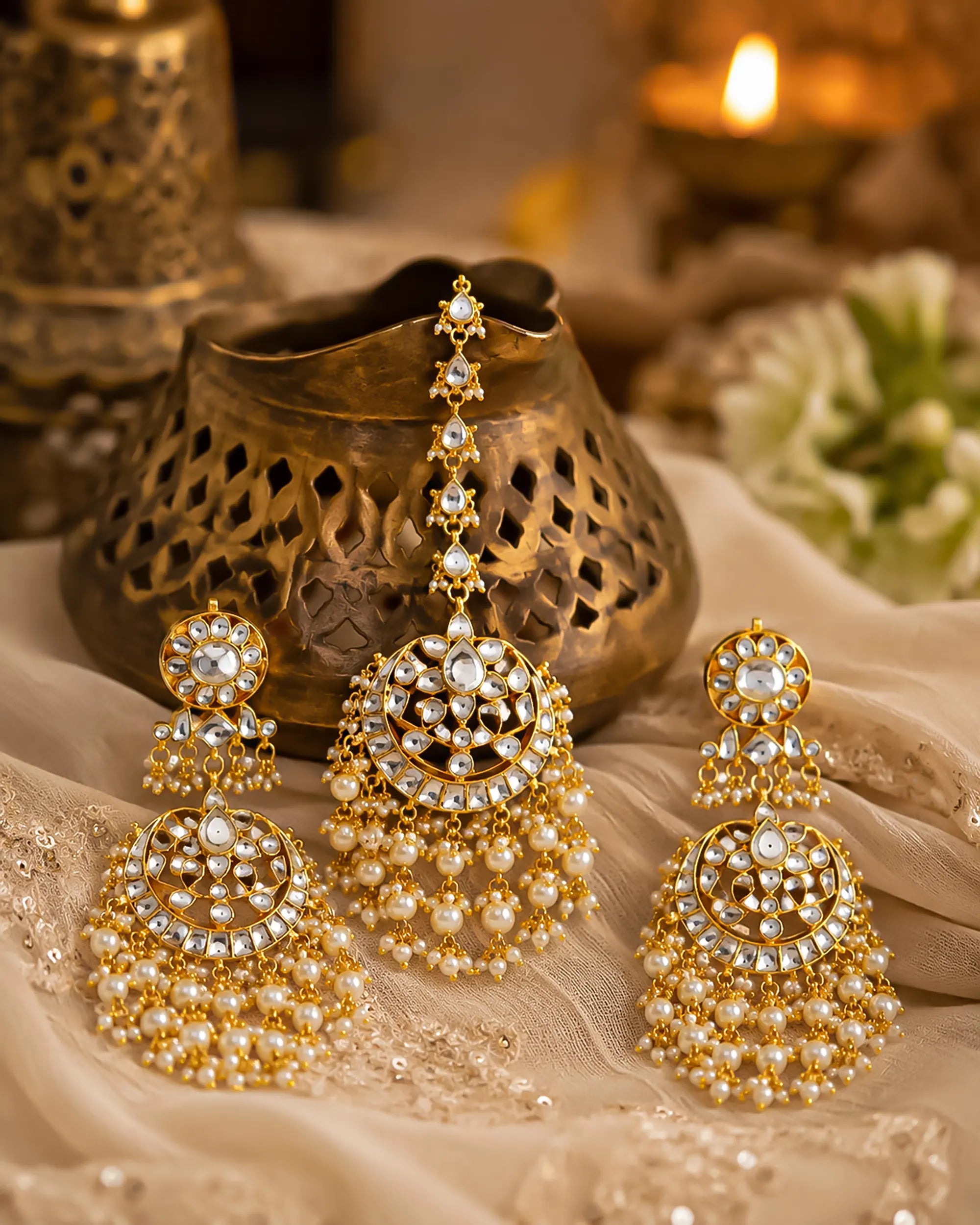 Pearl Kundan Maang Tikka Earrings Set, Traditional Indian Bridal Wedding Jewelry