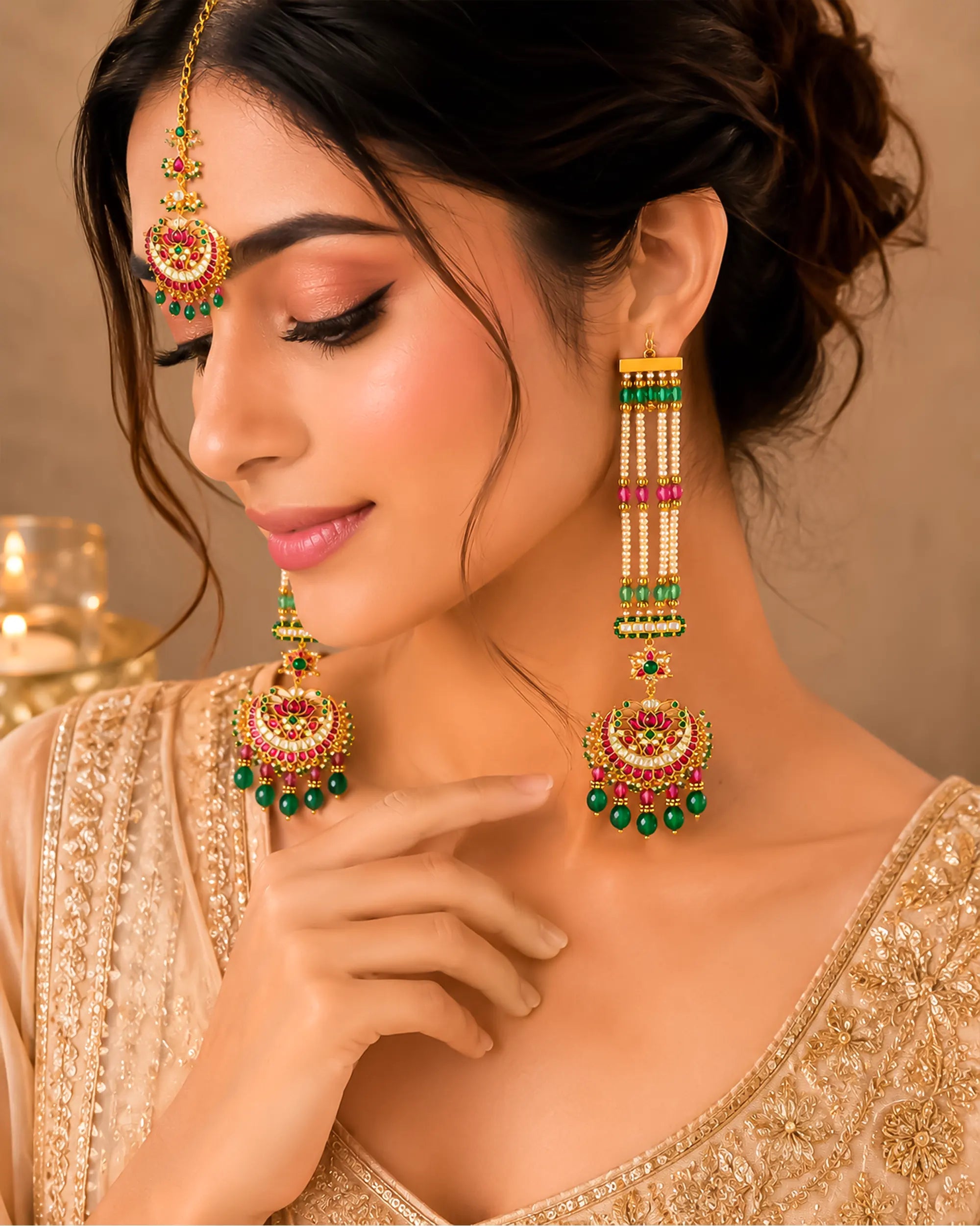 Kundan Chandbali Maang Tikka Set, Ruby Emerald Bridal Jewelry, Ethnic Accessories