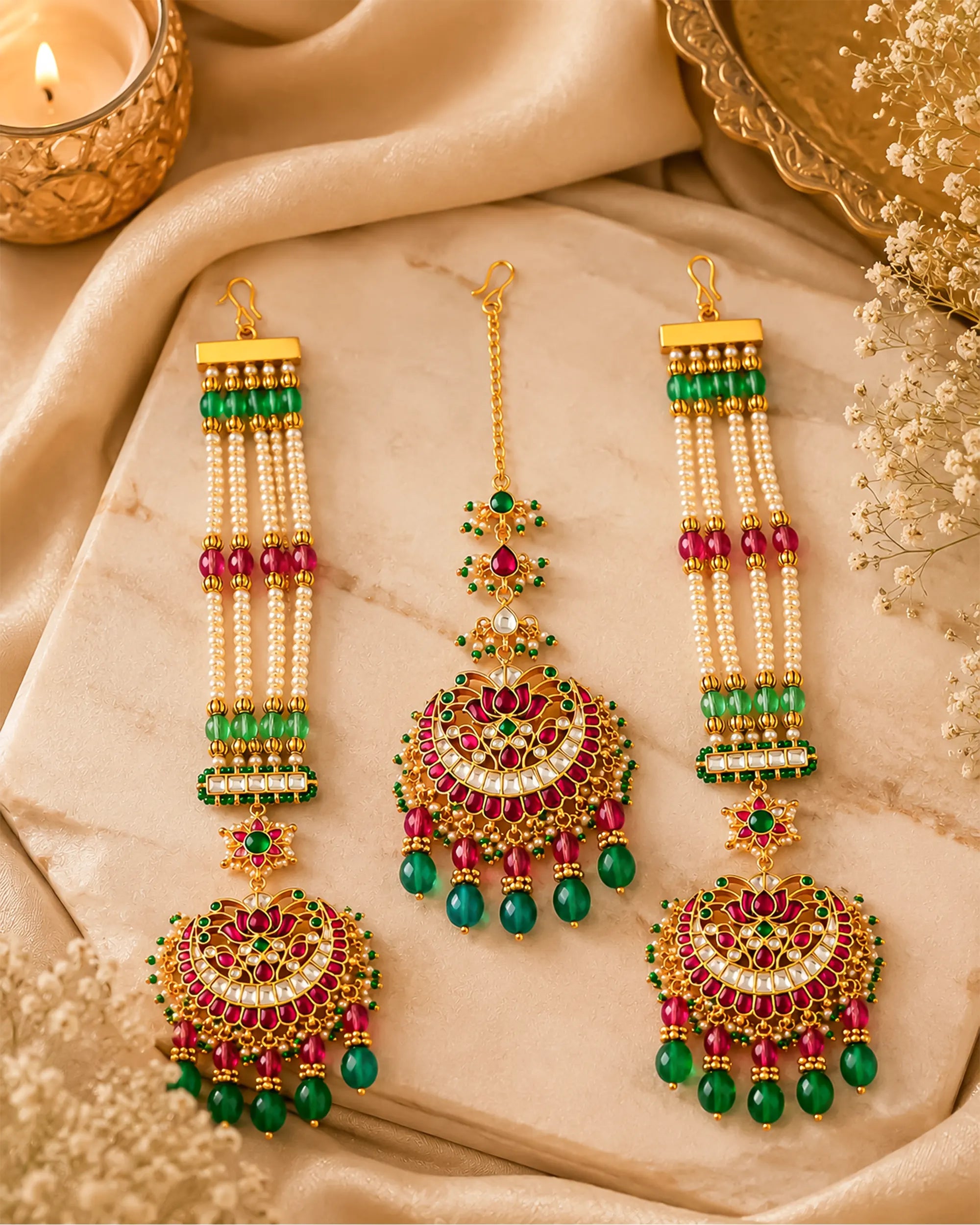 Kundan Chandbali Maang Tikka Set, Ruby Emerald Bridal Jewelry, Ethnic Accessories