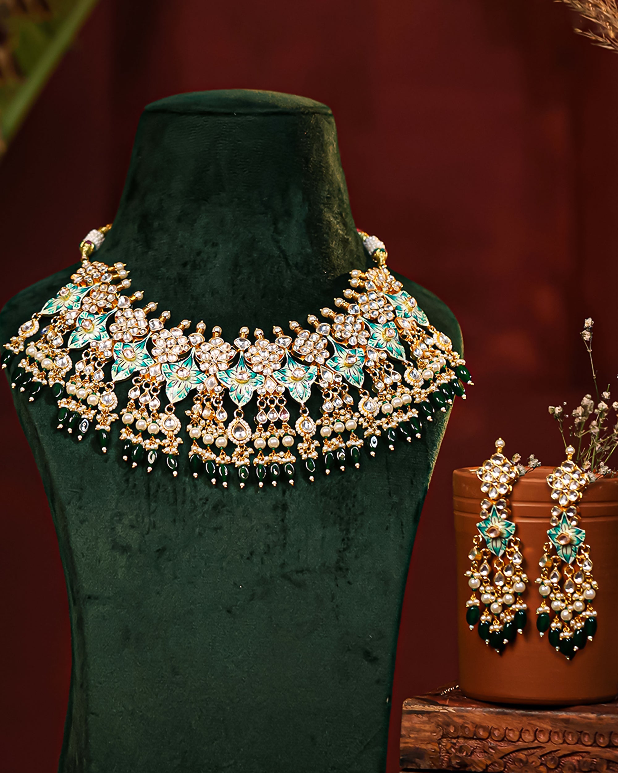 Premium Gold Finish Statement Necklace Set with Earrings