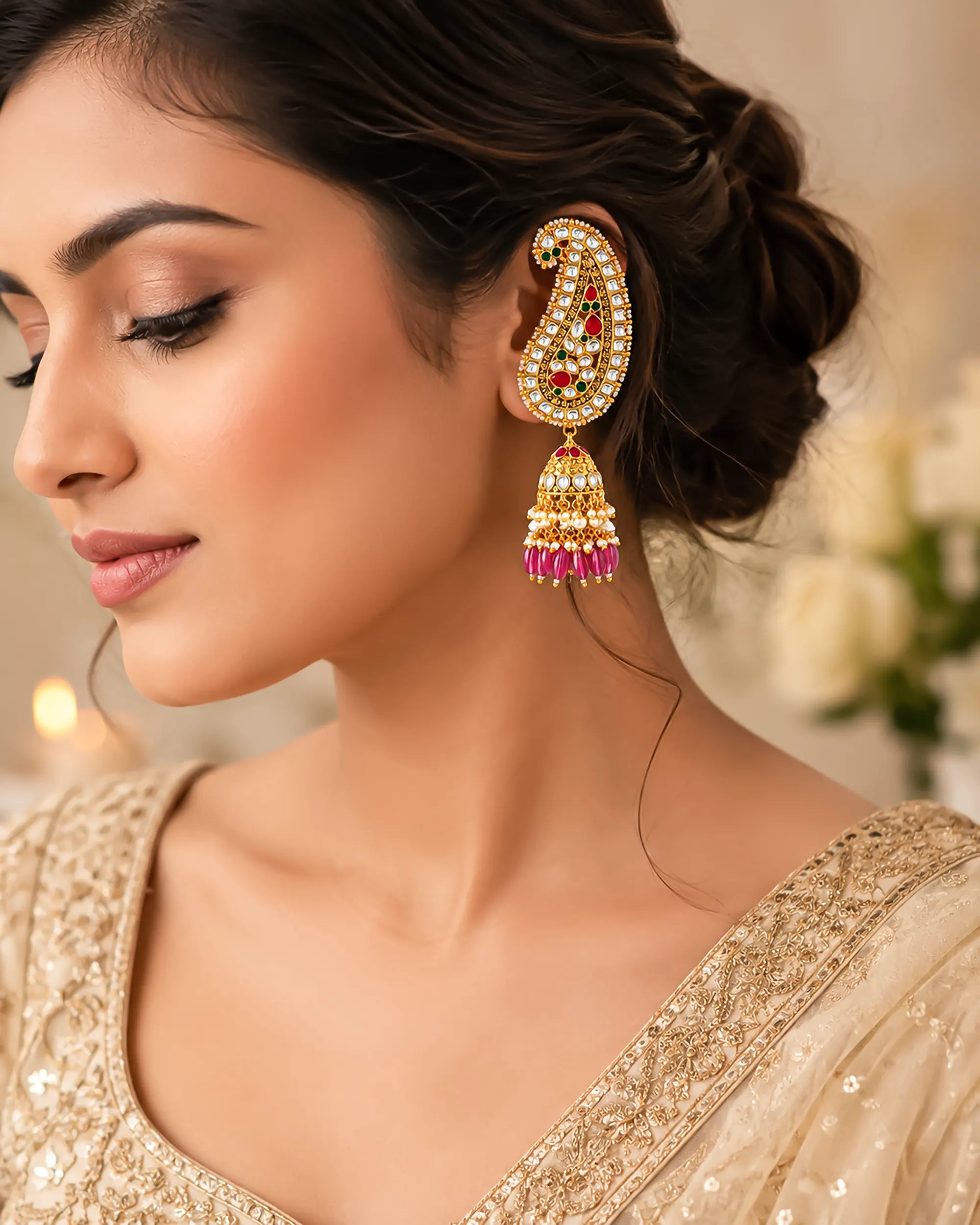 Heavy Kundan Earcuffs Ruby Emerald Indian Earrings