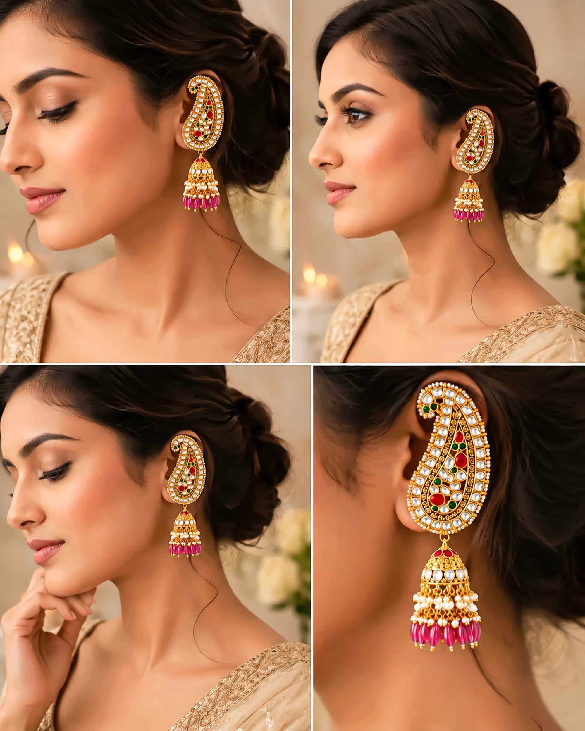 Heavy Kundan Earcuffs Ruby Emerald Indian Earrings