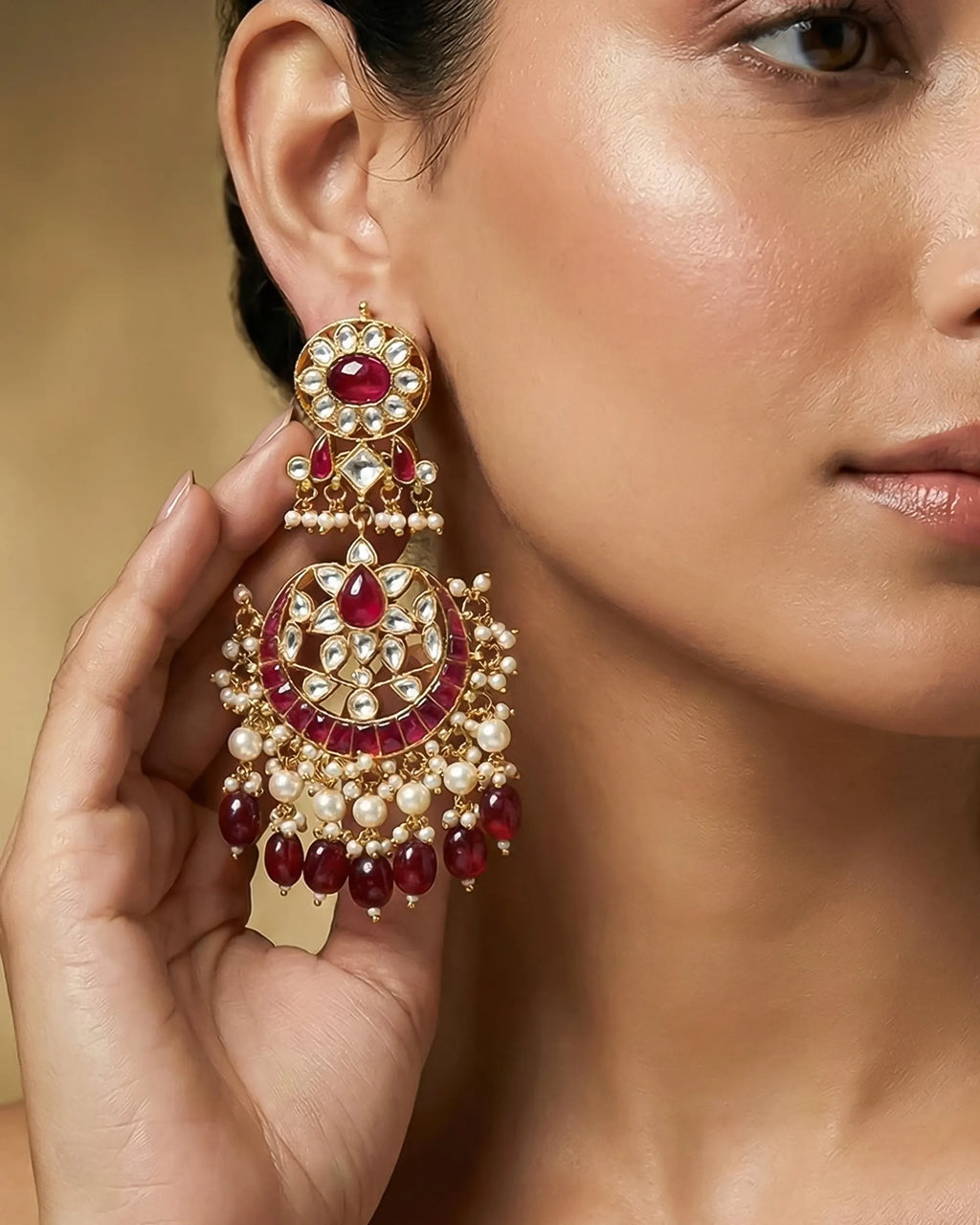 Heritage Pachi Kundan and Ruby Chandbali Earrings with Pearl Droplets