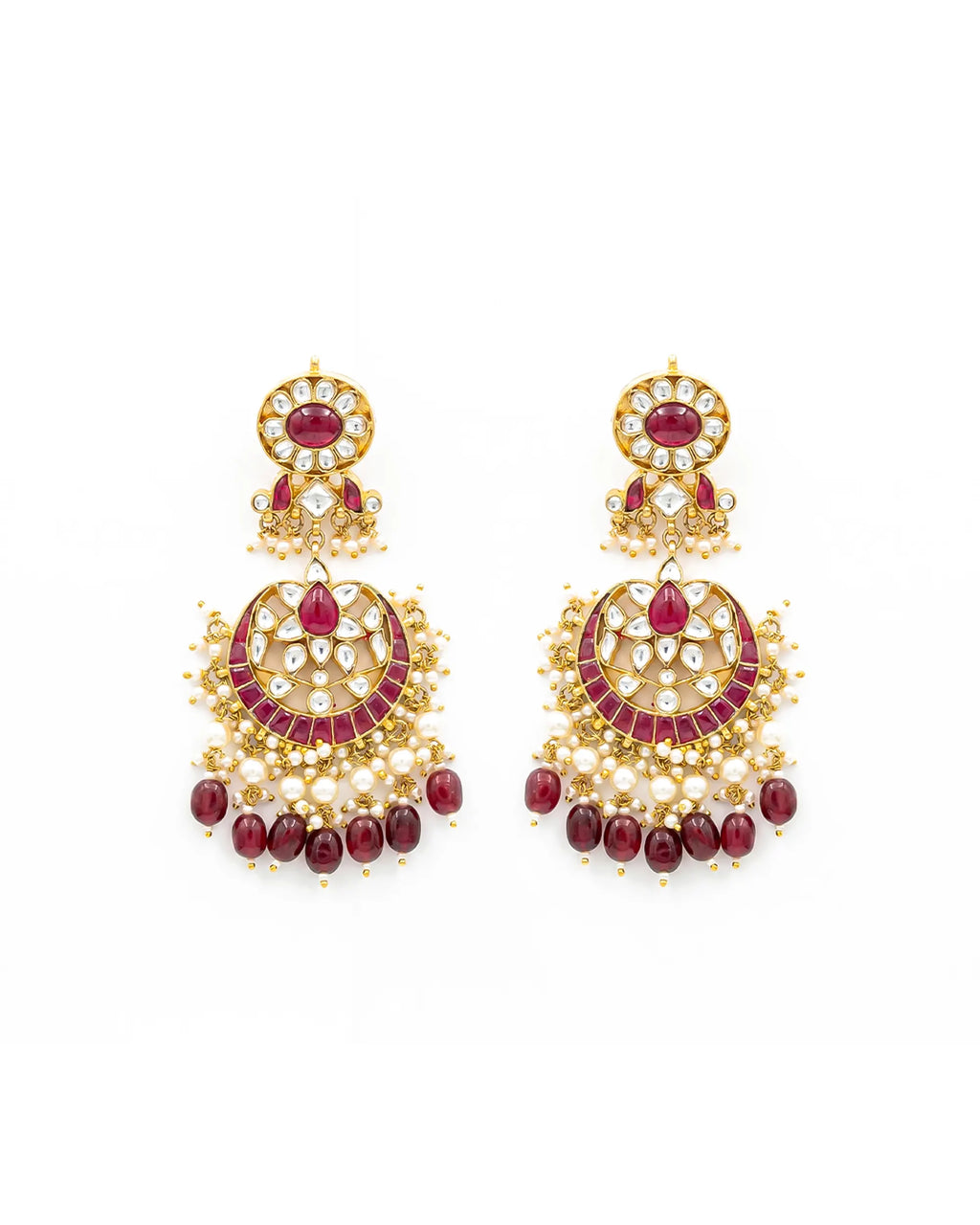Heritage Pachi Kundan and Ruby Chandbali Earrings with Pearl Droplets