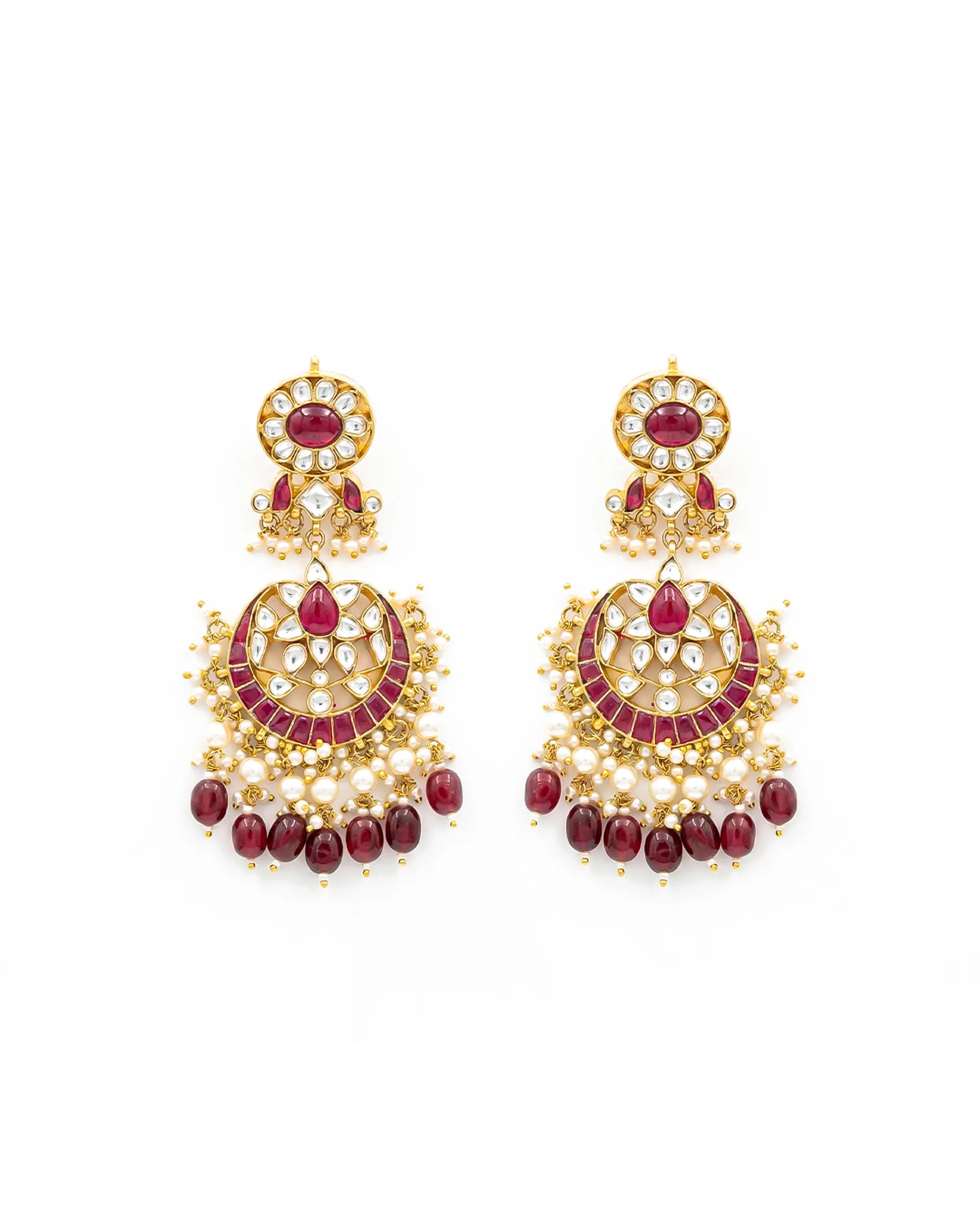 Heritage Pachi Kundan and Ruby Chandbali Earrings with Pearl Droplets