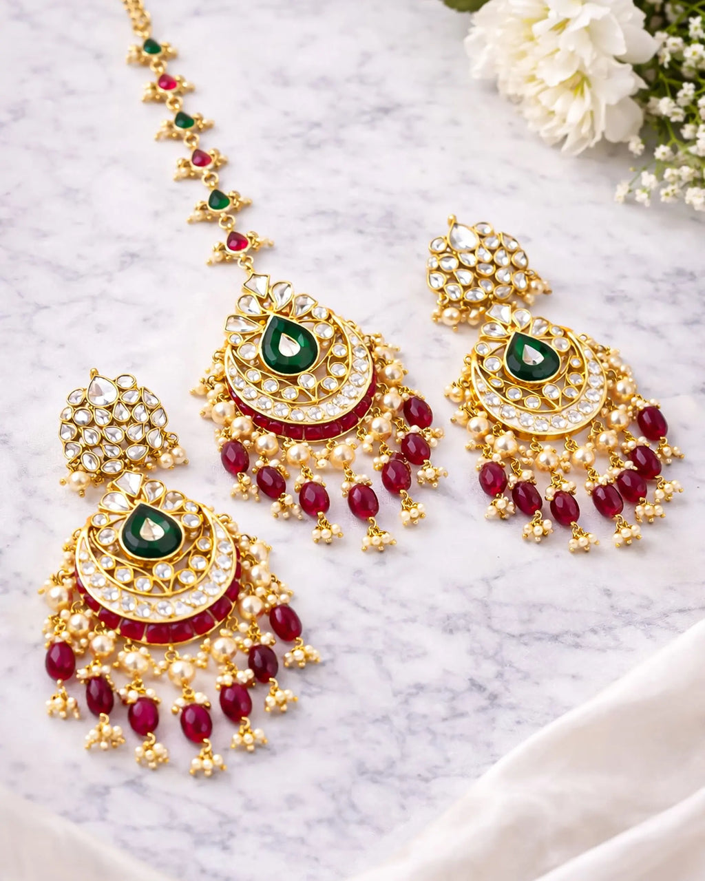 Kundan Chandbali Earrings and Maang Tikka Set, Ruby Emerald Bridal Jewelry