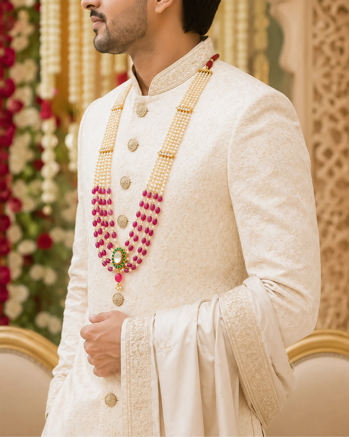 Rajwadi Pearl Groom Mala, Multi-Layer Wedding Necklace for Groom