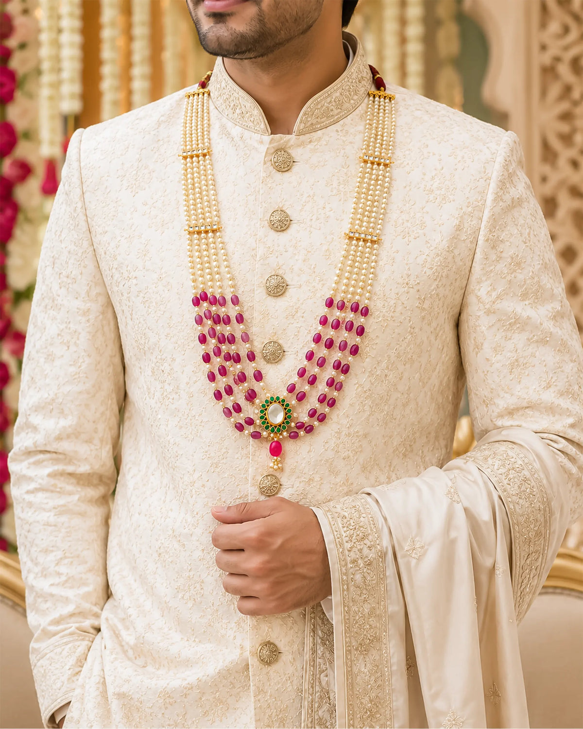 Rajwadi Pearl Groom Mala, Multi-Layer Wedding Necklace for Groom