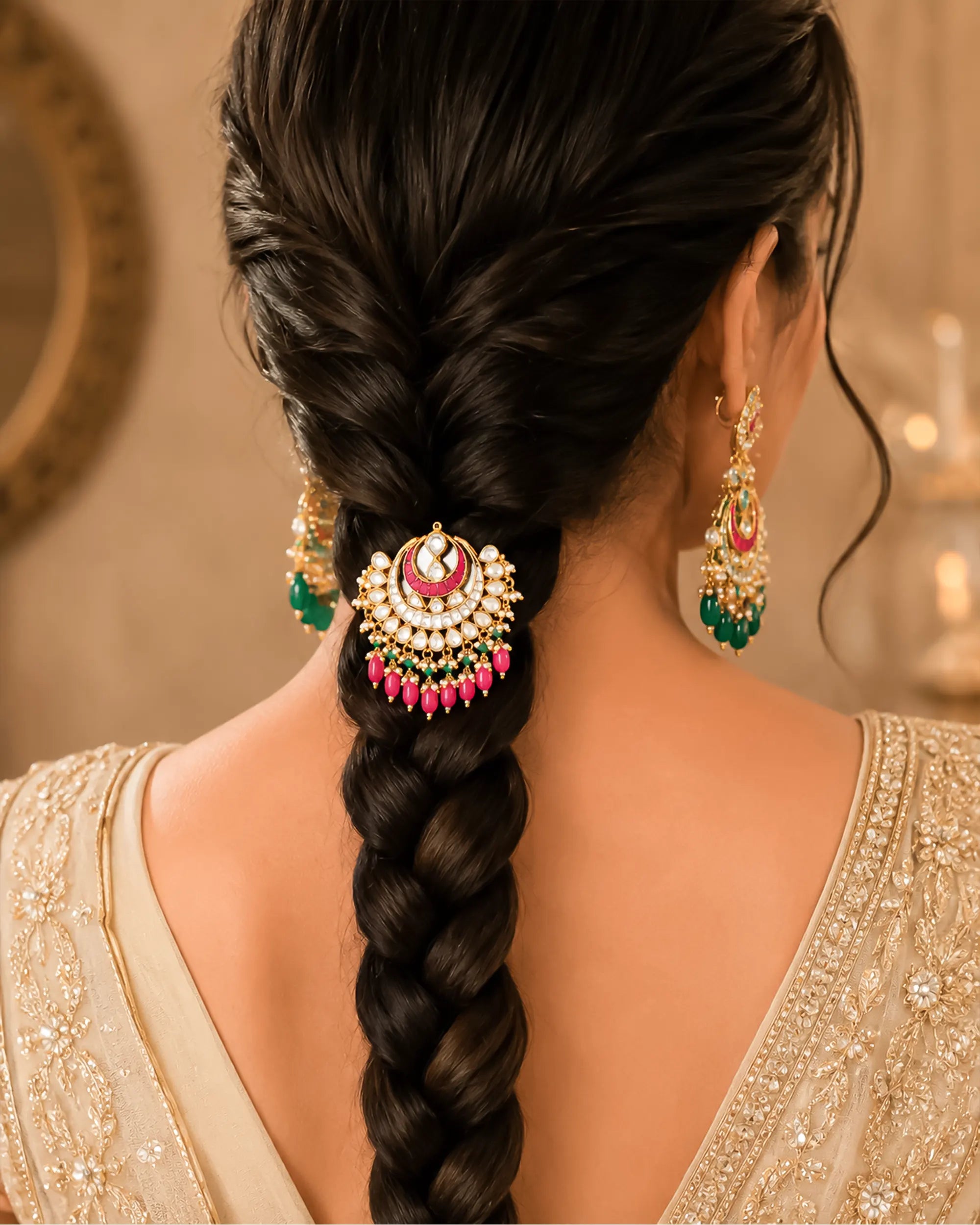 Traditional Kundan Hair Brooch, Pink Stone Bridal Accessory