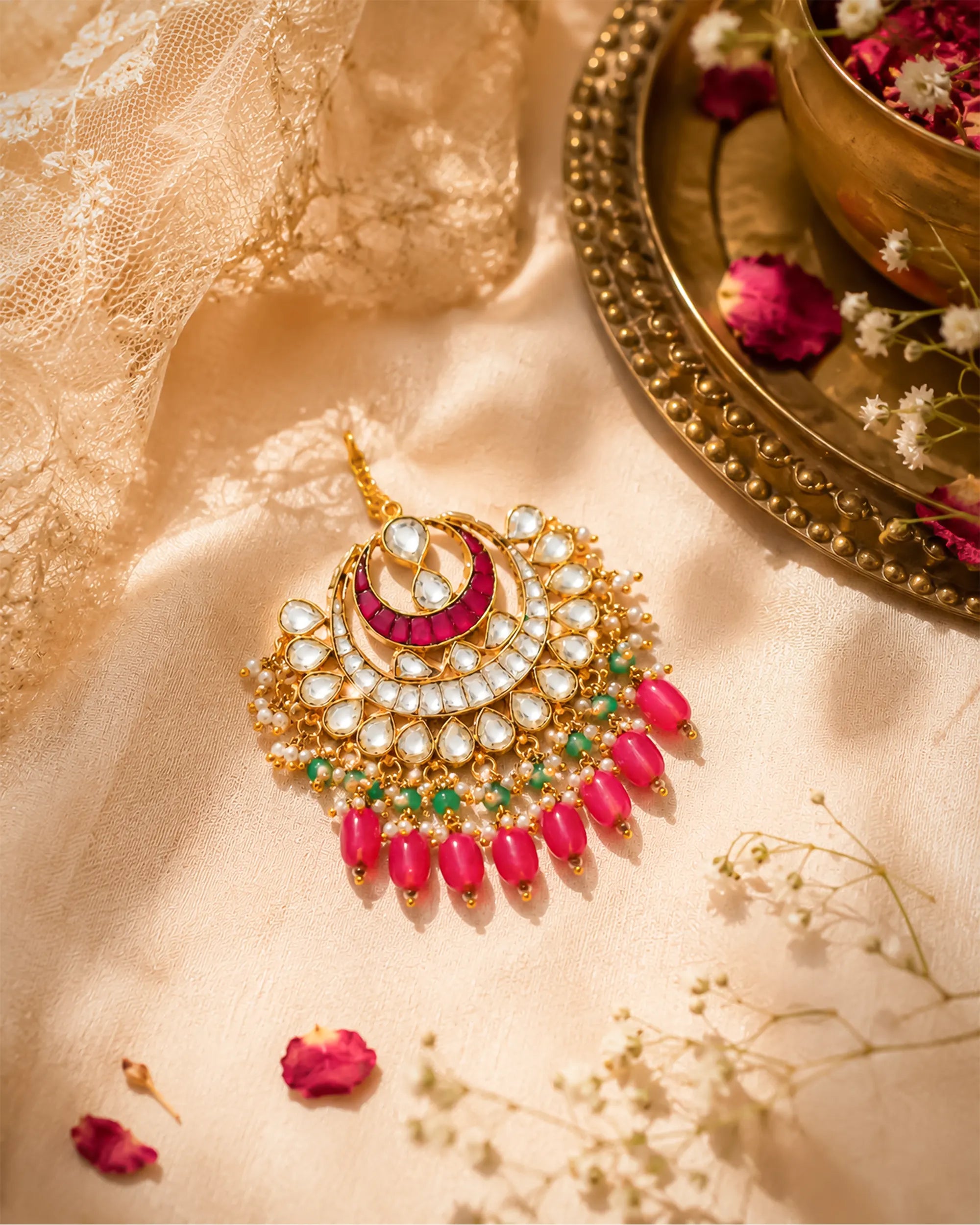 Traditional Kundan Hair Brooch, Pink Stone Bridal Accessory
