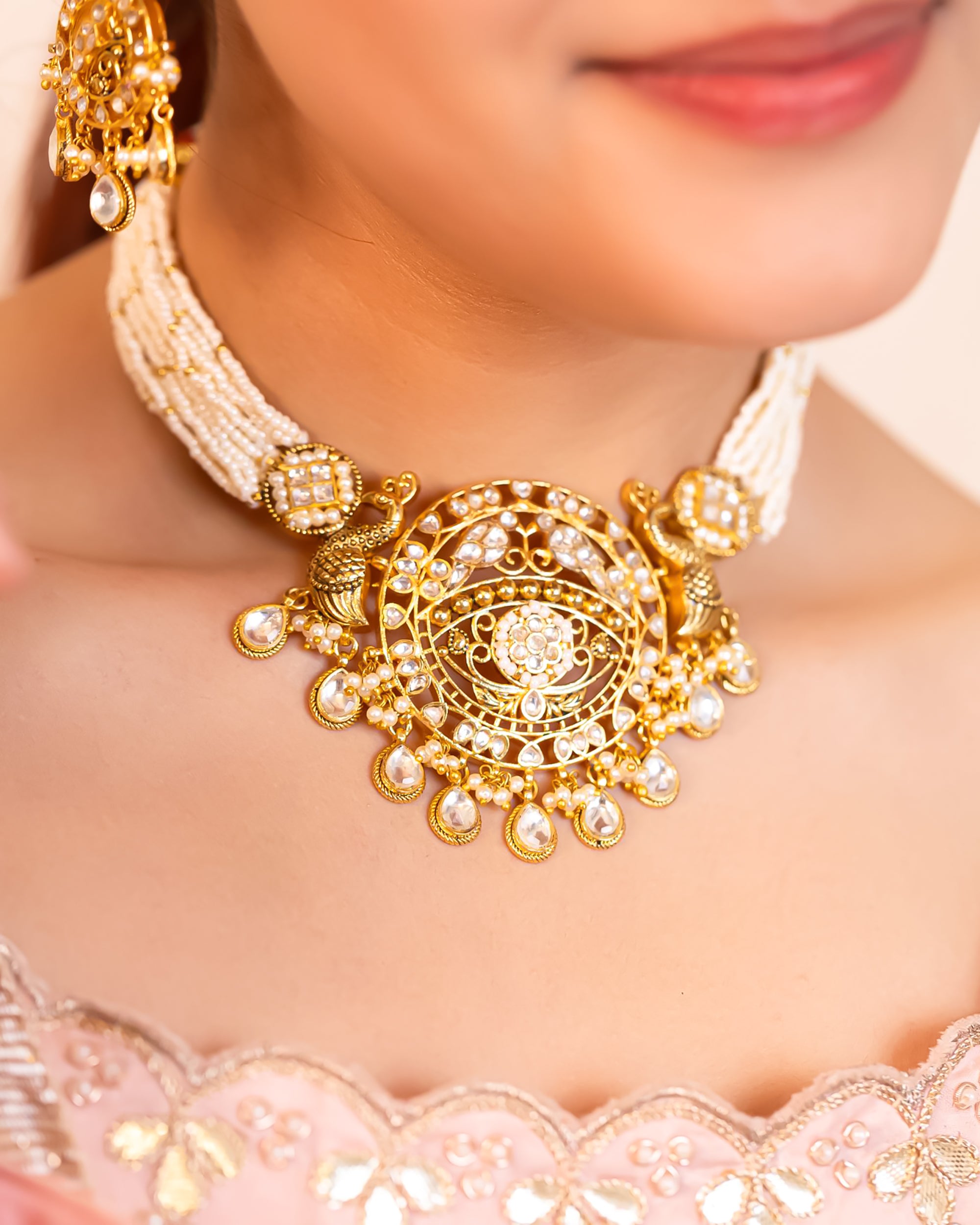 Minimal Gold Finish Choker Necklace Set with Earrings