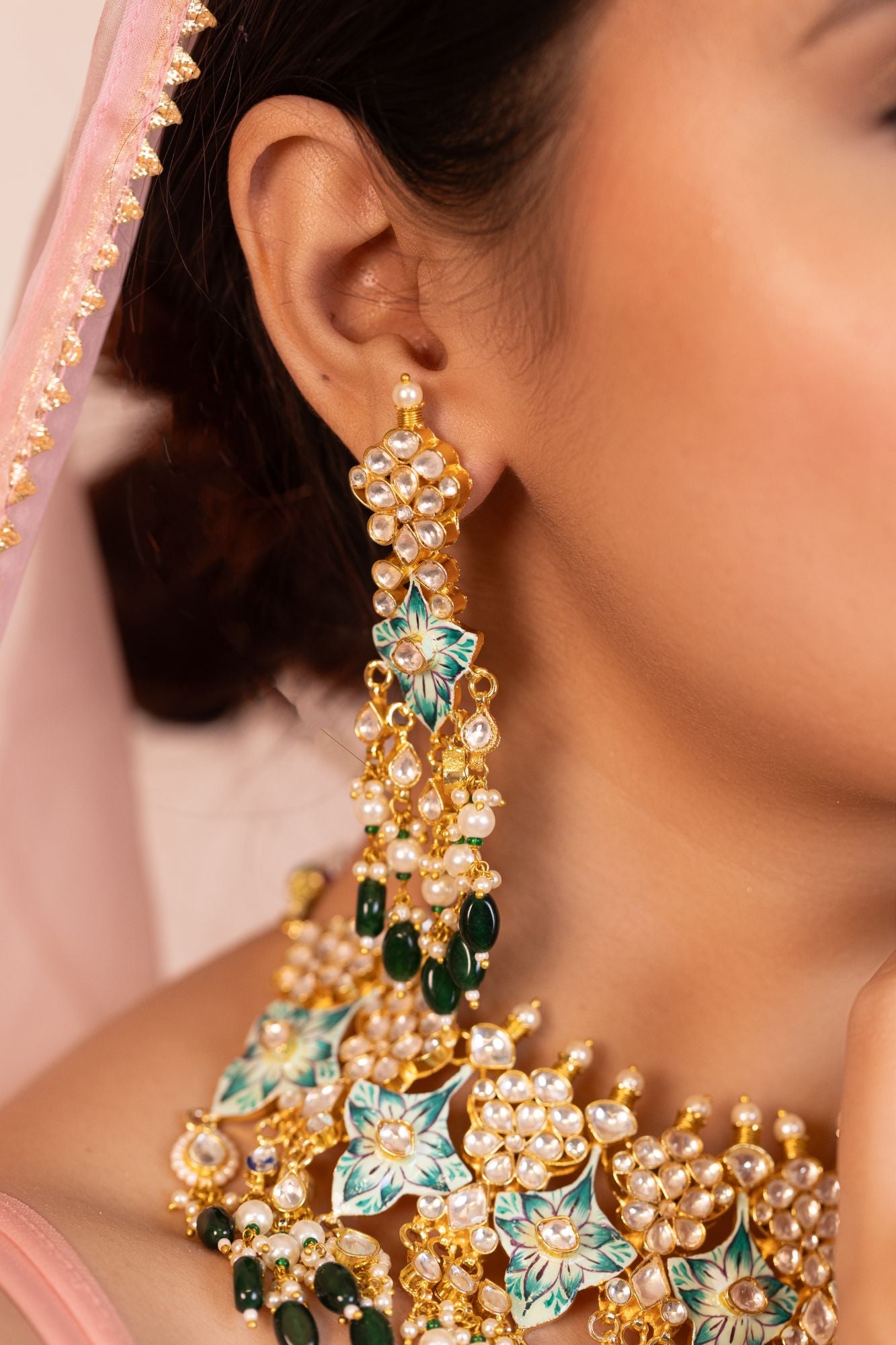 Premium Gold Finish Statement Necklace Set with Earrings
