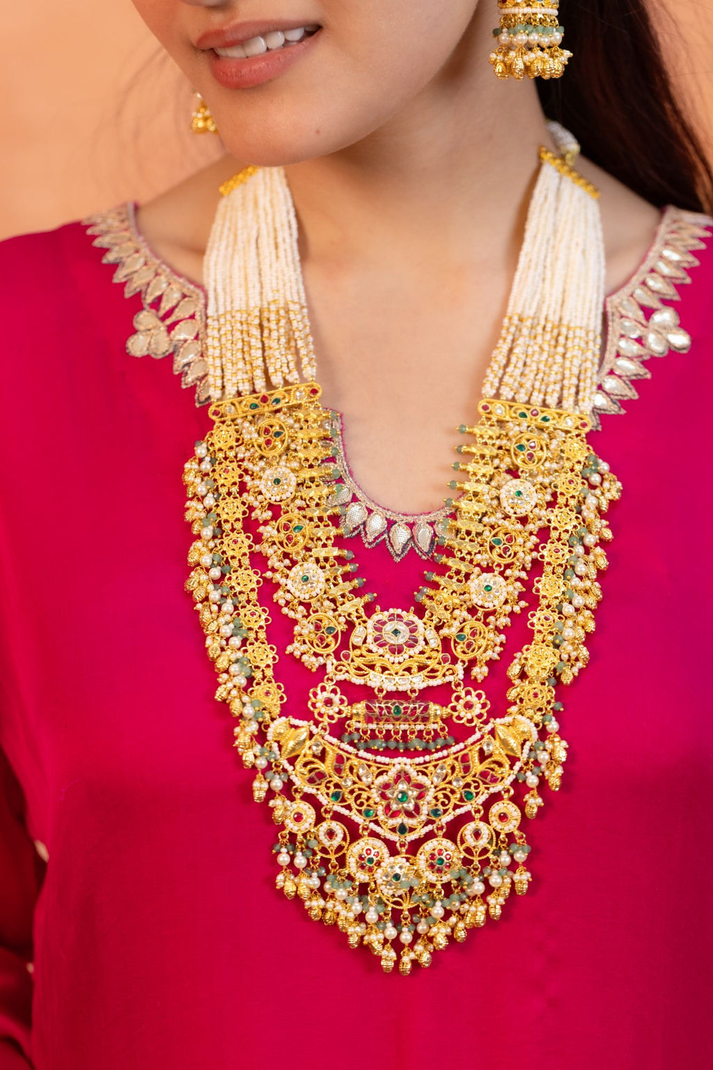 Royal Layered Rani Haar Necklace Set with Earrings