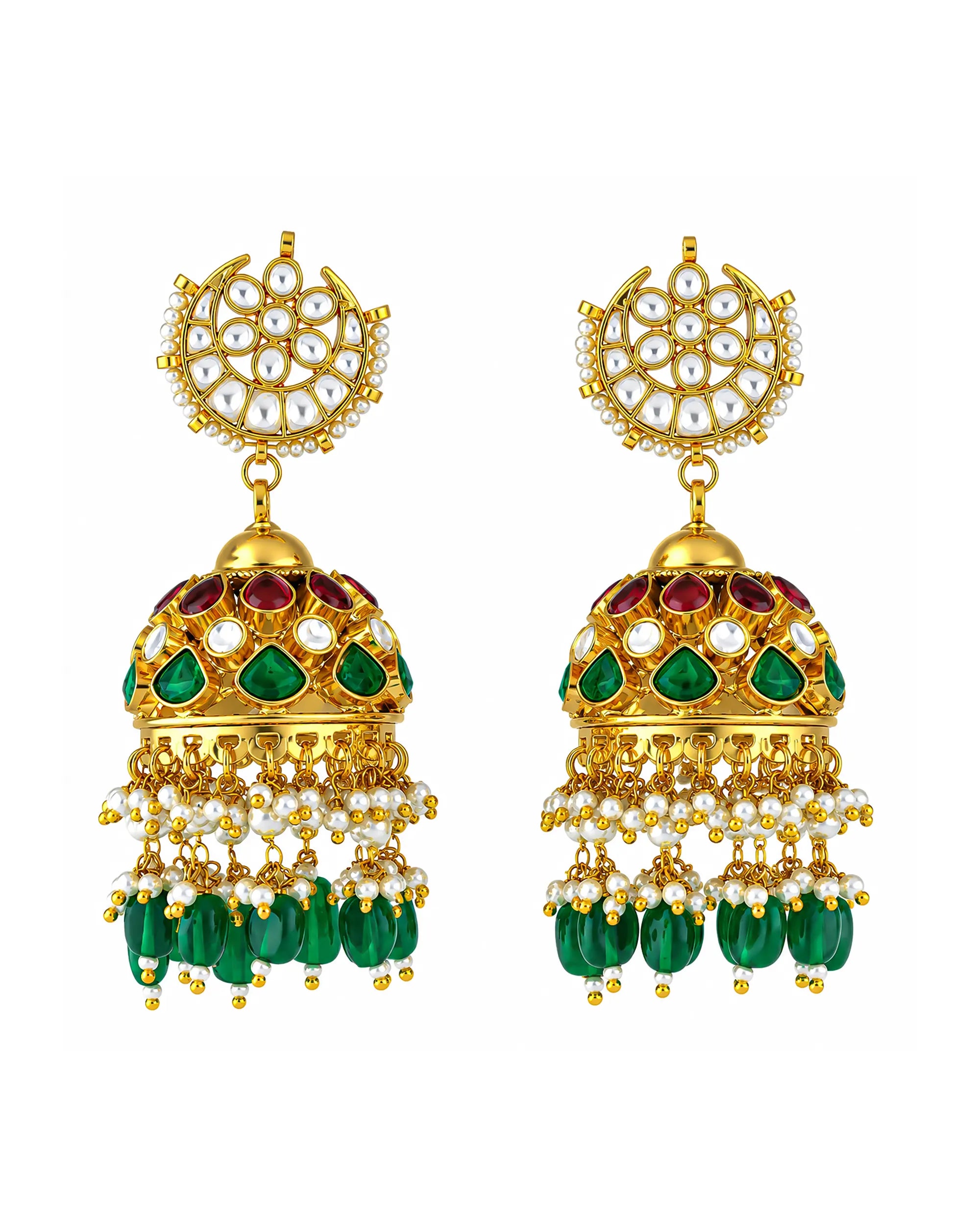 Green Kundan Jhumka Earrings, Pearl Drop Bridal Jewelry