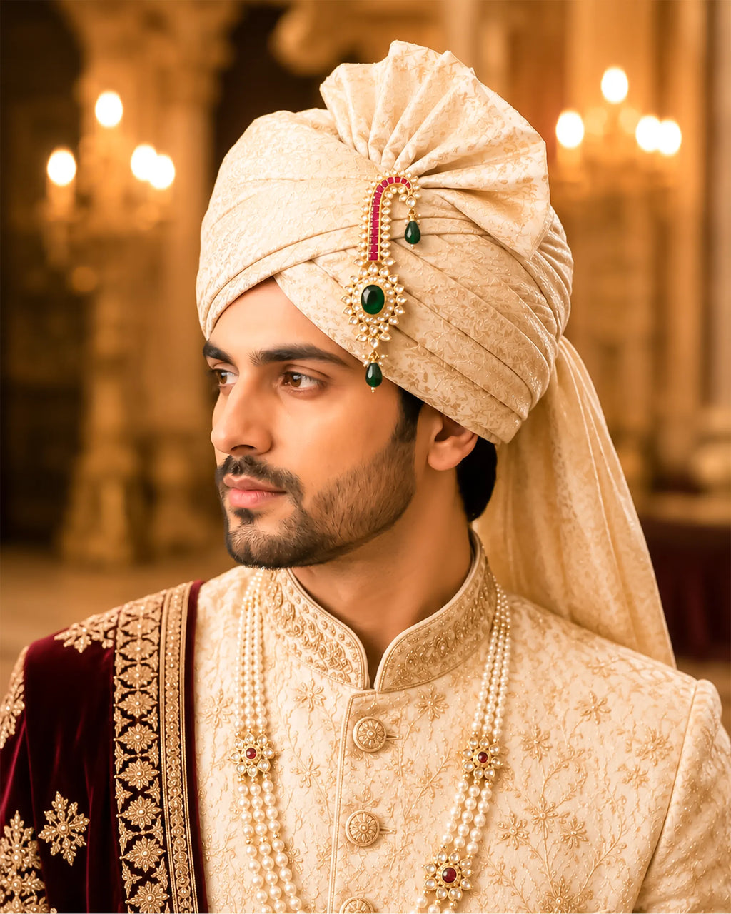 Royal Groom Kalangi Turban Brooch, Gold Plated Paisley Safa Pin with Kundan