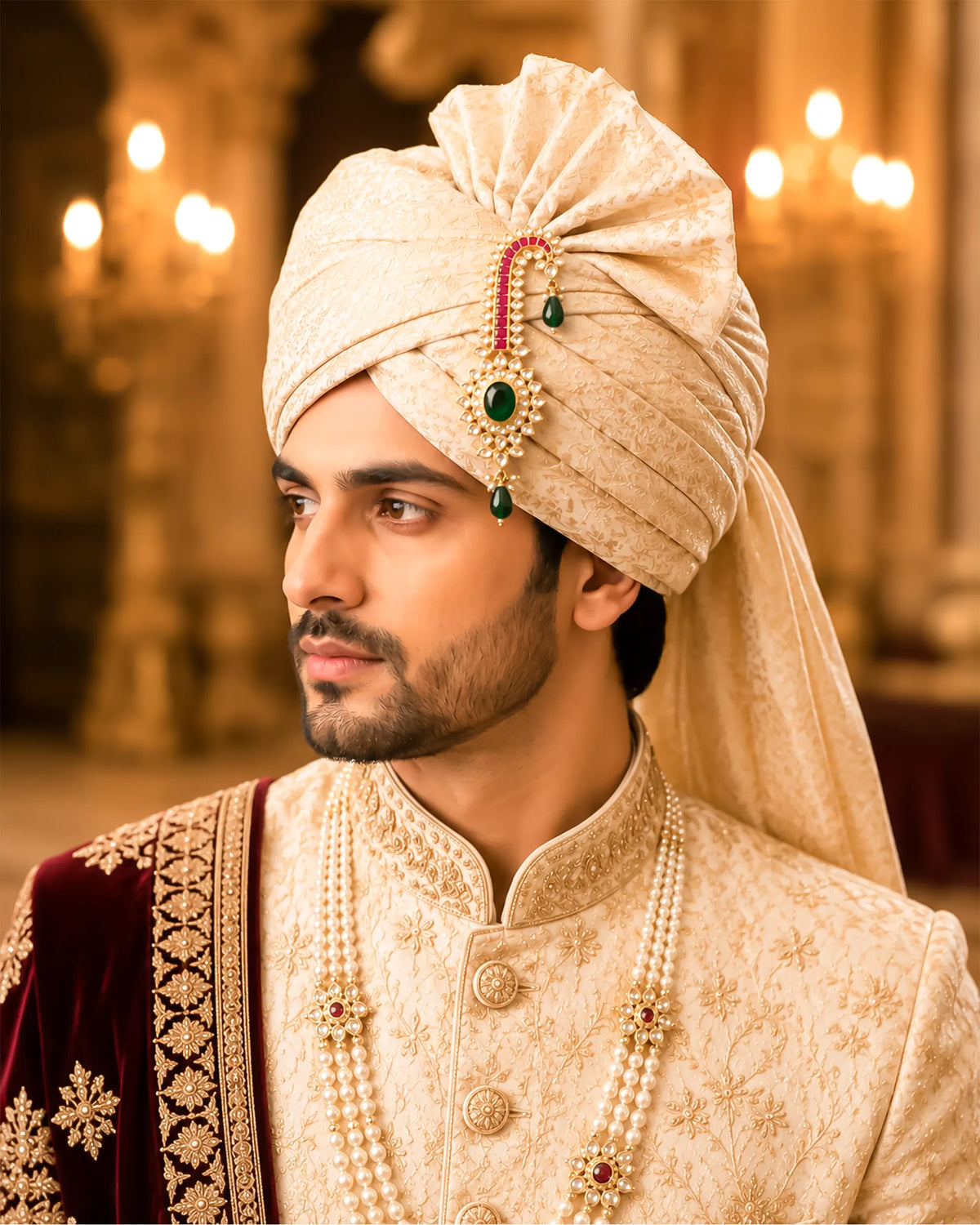 Royal Groom Kalangi Turban Brooch, Gold Plated Paisley Safa Pin with Kundan