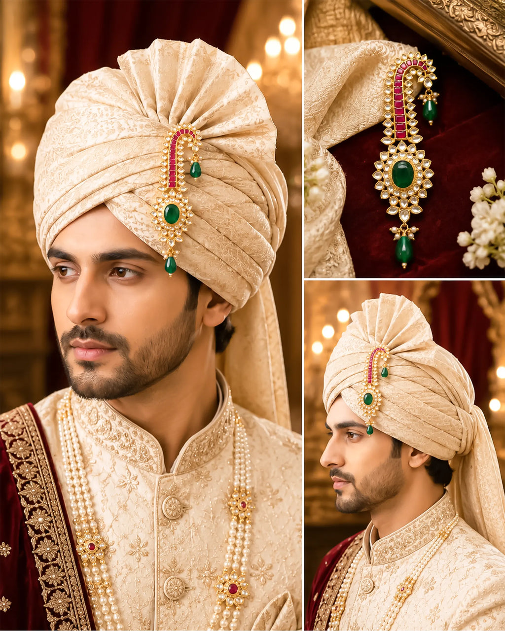 Royal Groom Kalangi Turban Brooch, Gold Plated Paisley Safa Pin with Kundan