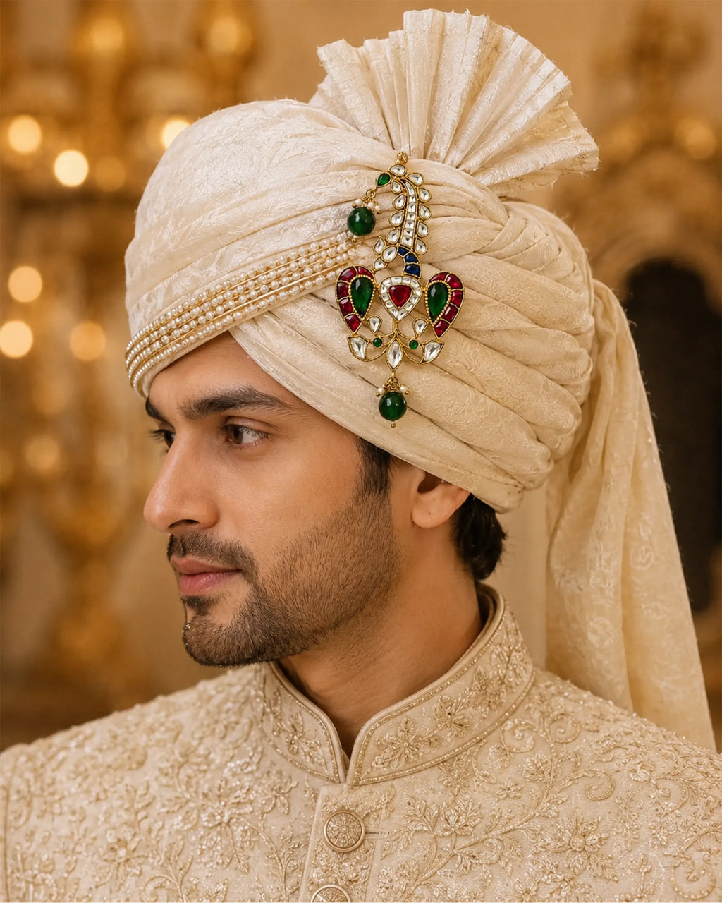 Royal Groom Sarpech Turban Brooch, Gold Plated Bird Kundan Emeralds