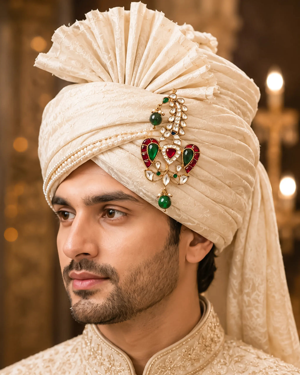 Royal Groom Sarpech Turban Brooch, Gold Plated Bird Kundan Emeralds
