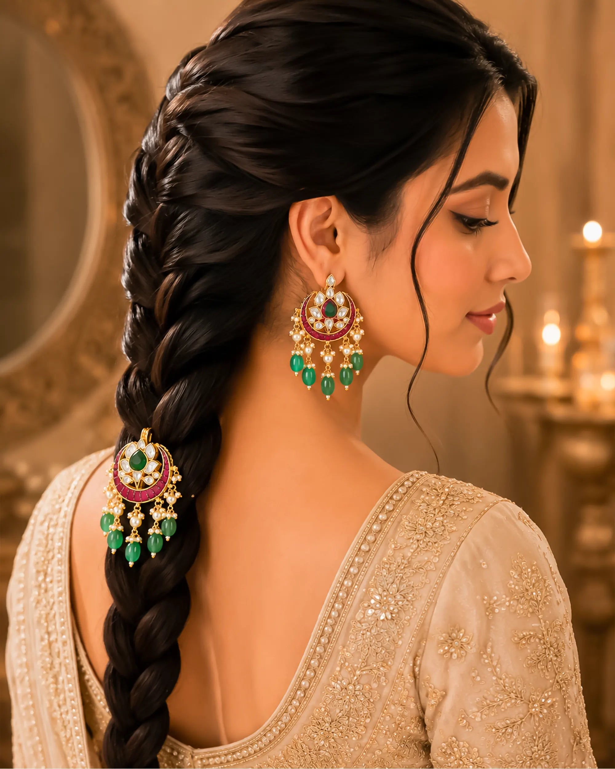 Kundan Hair Brooch, Pink Green Stones Pearls Bridal Accessory