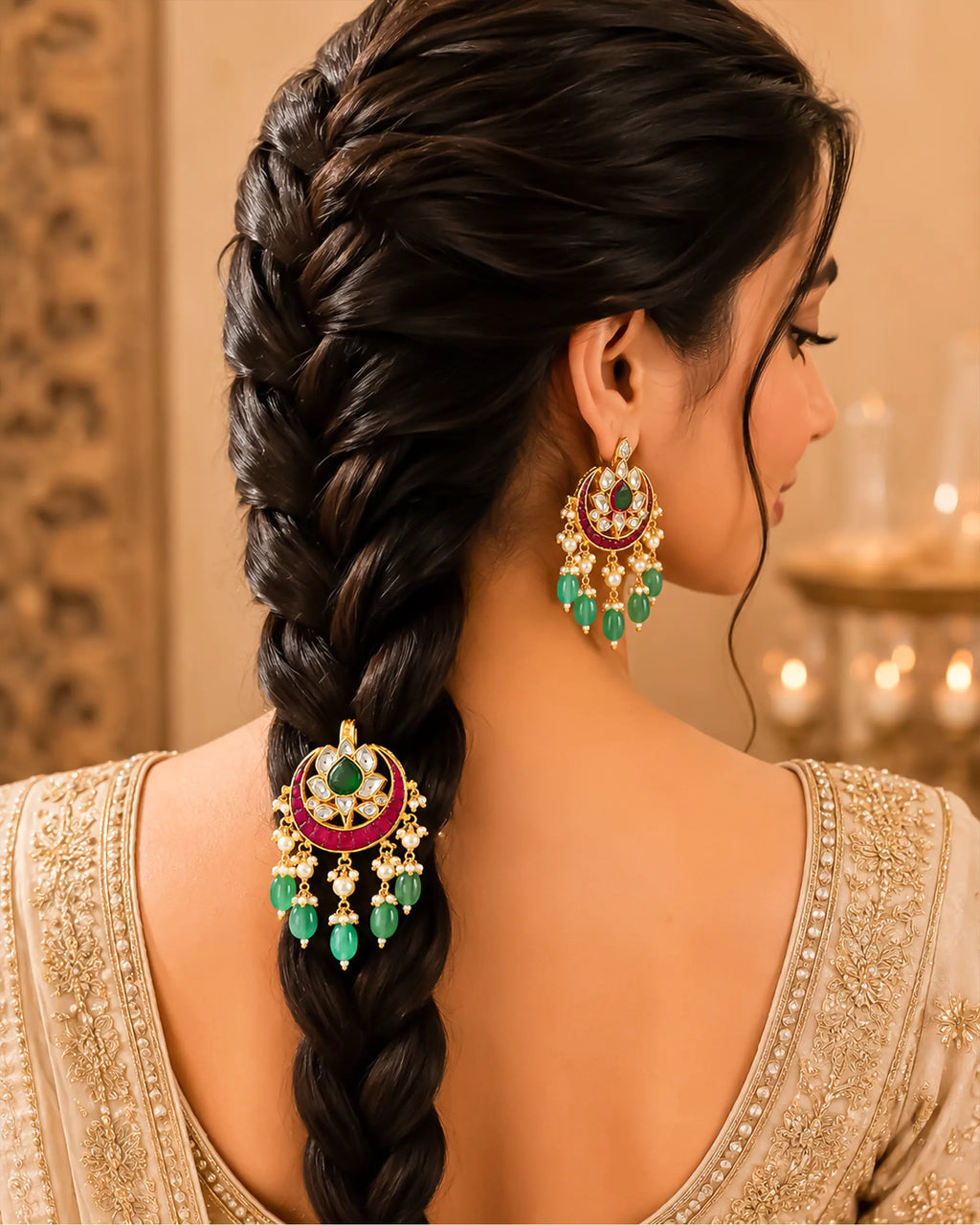 Kundan Hair Brooch, Pink Green Stones Pearls Bridal Accessory