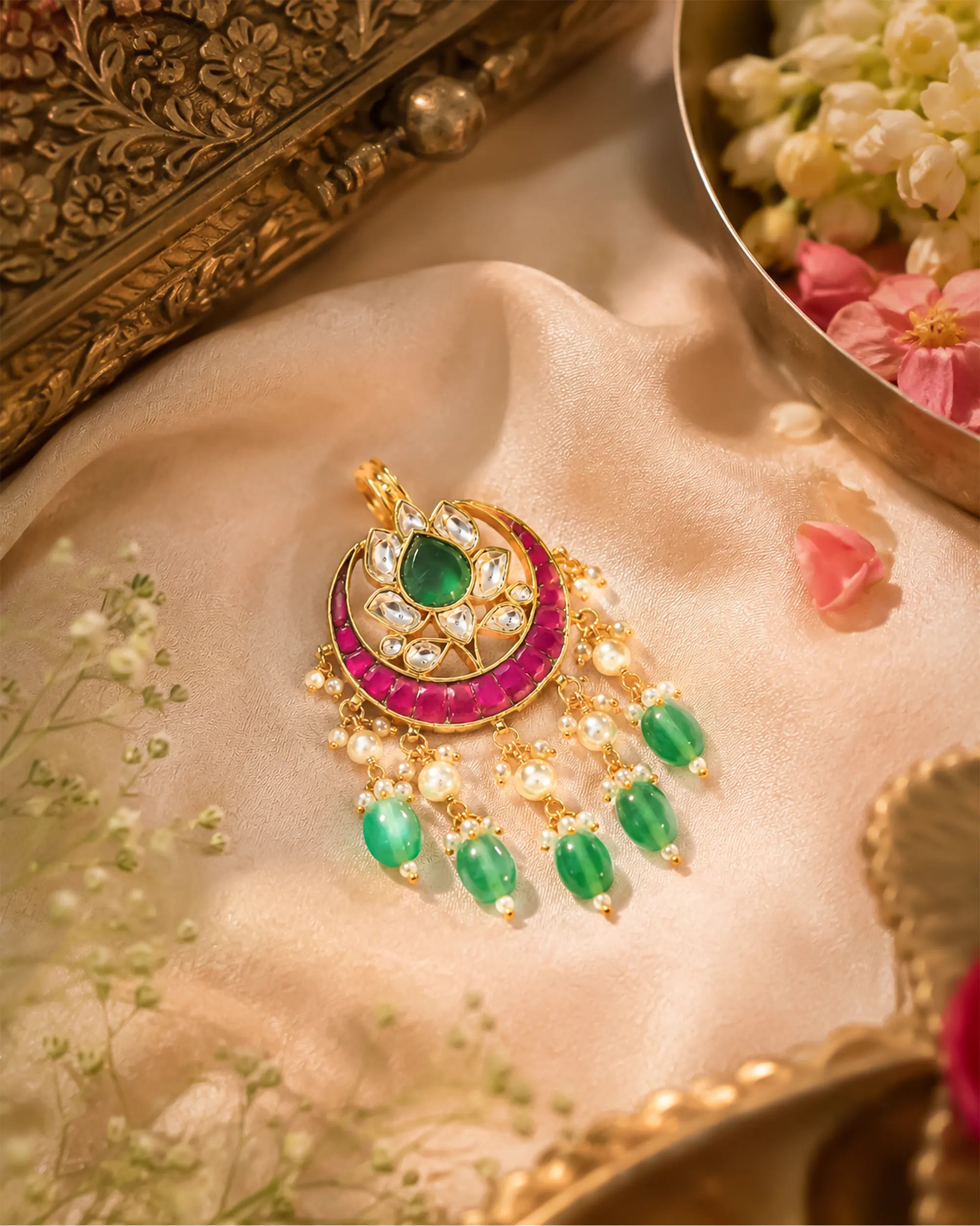 Kundan Hair Brooch, Pink Green Stones Pearls Bridal Accessory