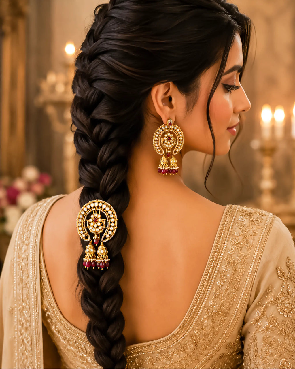 Kundan Hair Brooch Red Stone Bridal Hair Accessory, Wedding Jhumki Pearl