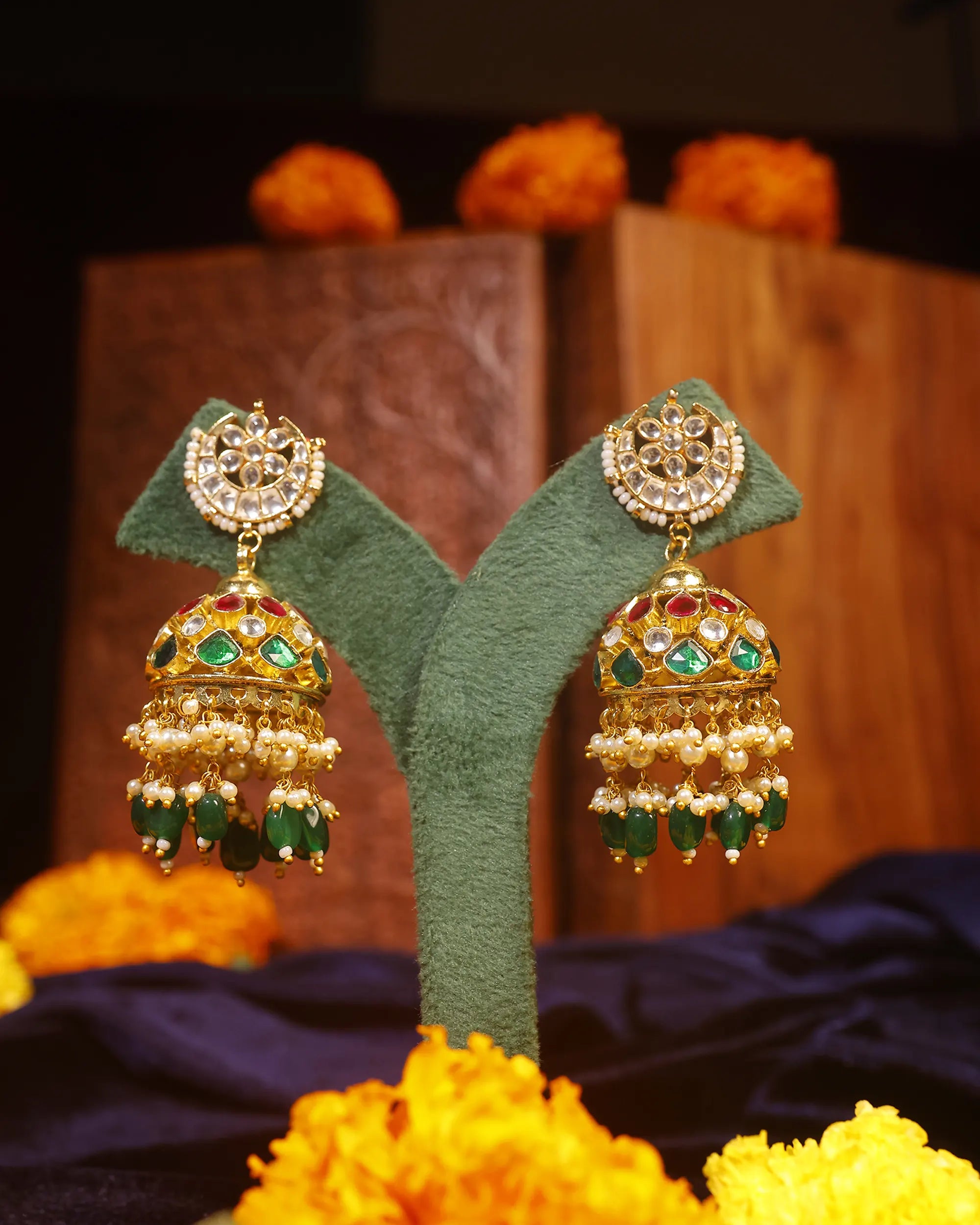 Green Kundan Jhumka Earrings, Pearl Drop Bridal Jewelry